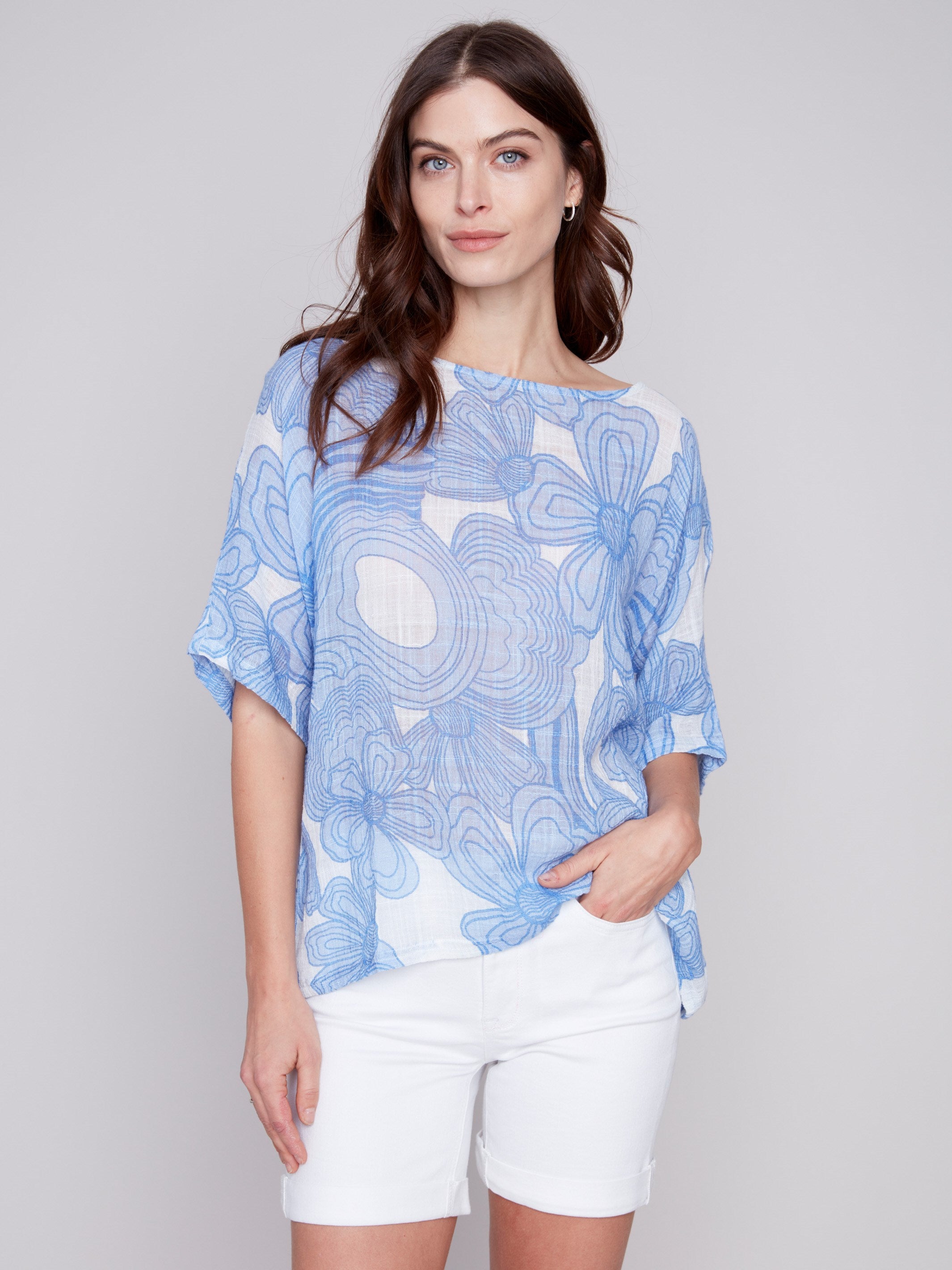 Printed Cotton Gauze Dolman Top - Blue - Charlie B Collection Canada - Image 1