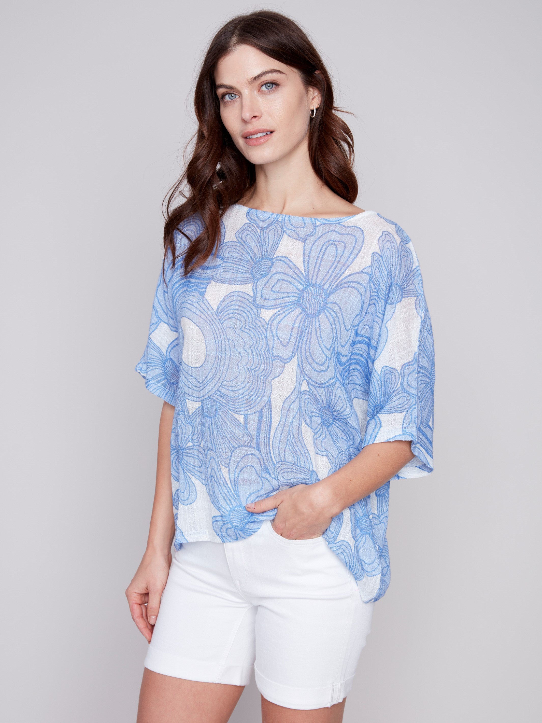 Printed Cotton Gauze Dolman Top - Blue - Charlie B Collection Canada - Image 4