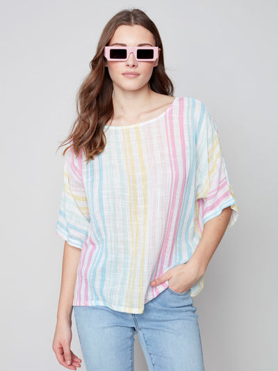 Printed Cotton Gauze Dolman Top - Multicolor - C4296 Charlie B Collection Canada