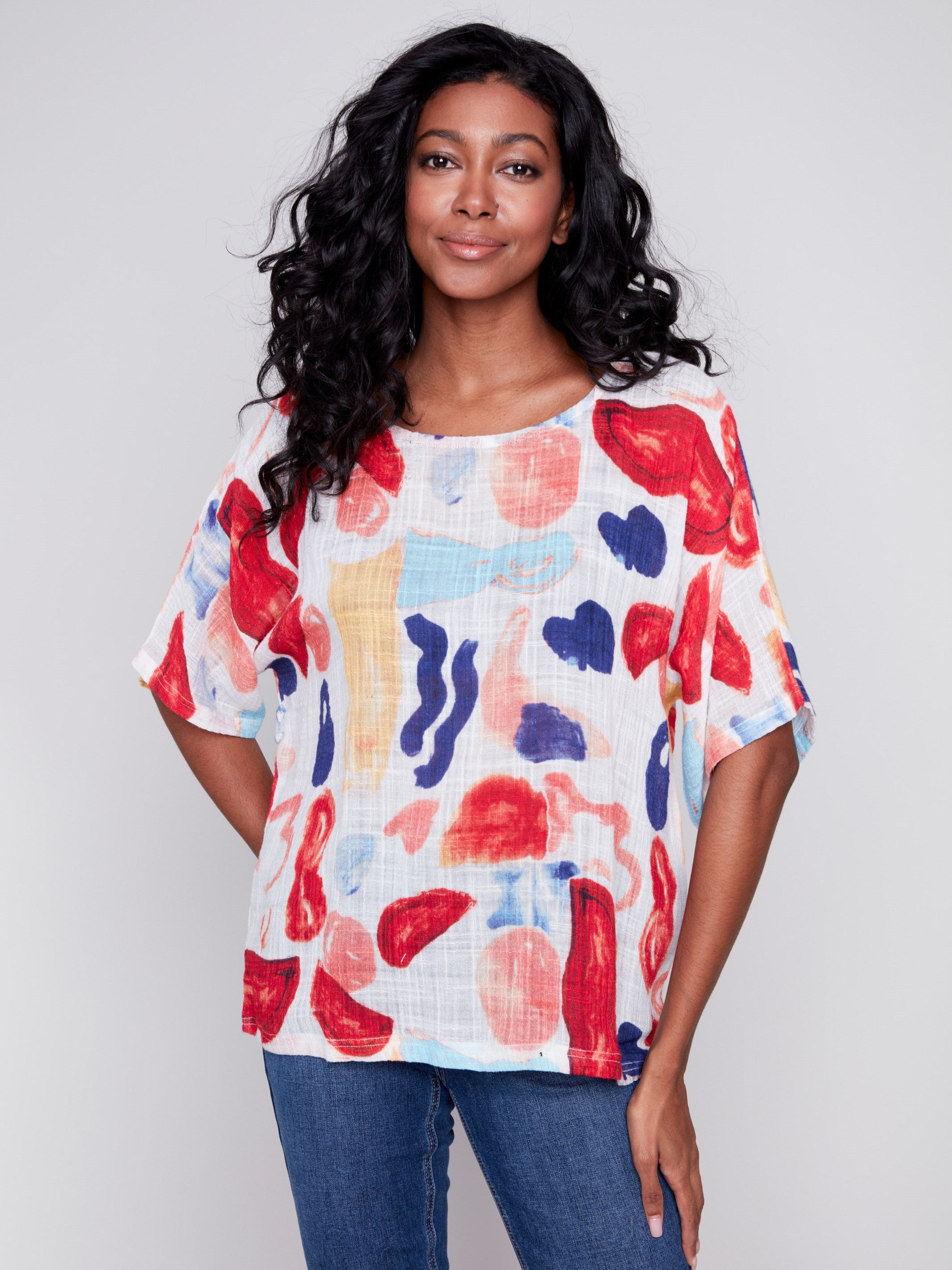 Printed Cotton Gauze Dolman Top - Oasis - Charlie B Collection Canada - Image 1