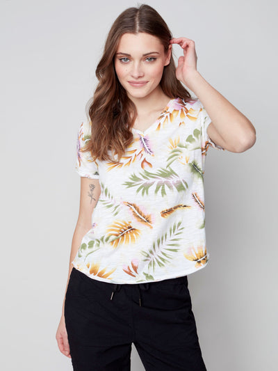 Printed Cotton T-Shirt With V-Neck - Botanical - C1312 Charlie B Collection Canada