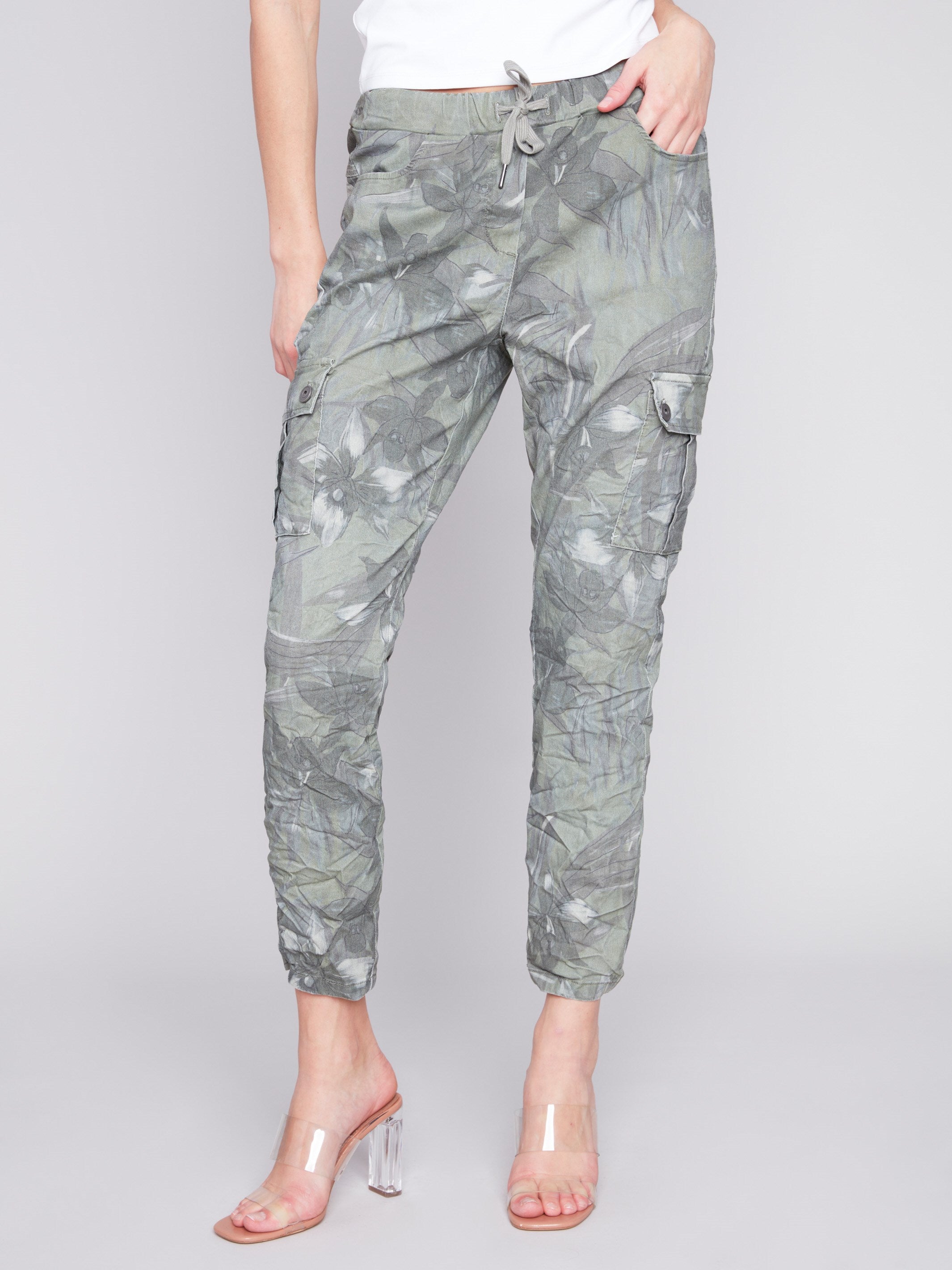 Printed Crinkle Cargo Jogger Pants - Celadon - Charlie B Collection Canada - Image 2