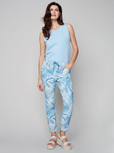Printed Crinkle Jogger Pants - Blue Leaf - C5219 Charlie B Collection Canada 1