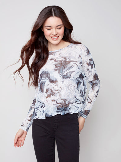 Printed Crinkle Mesh Top - Charcoal - C1218 Charlie B Collection Canada