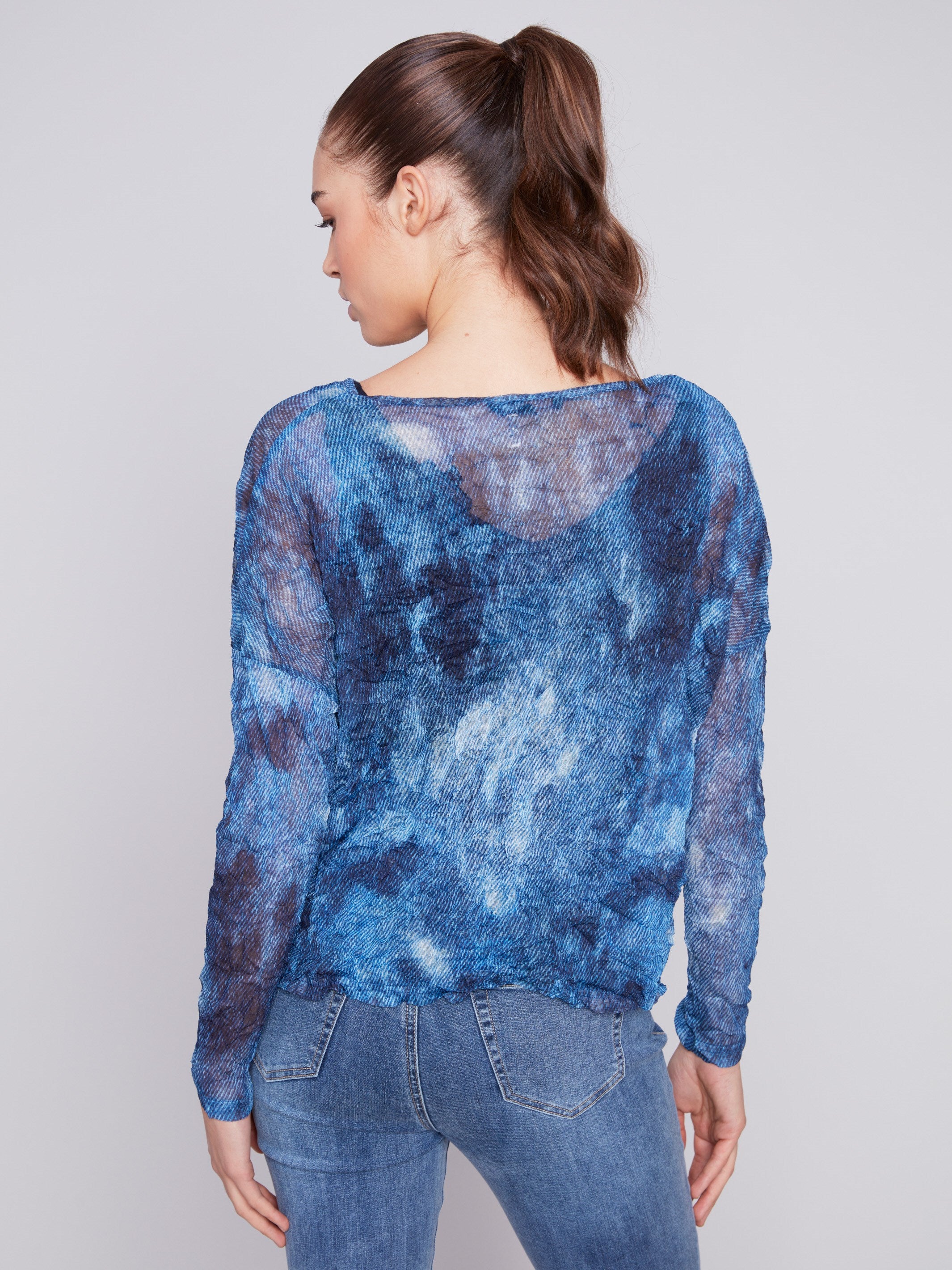 Printed Crinkle Mesh Top - Denim - Charlie B Collection Canada - Image 2