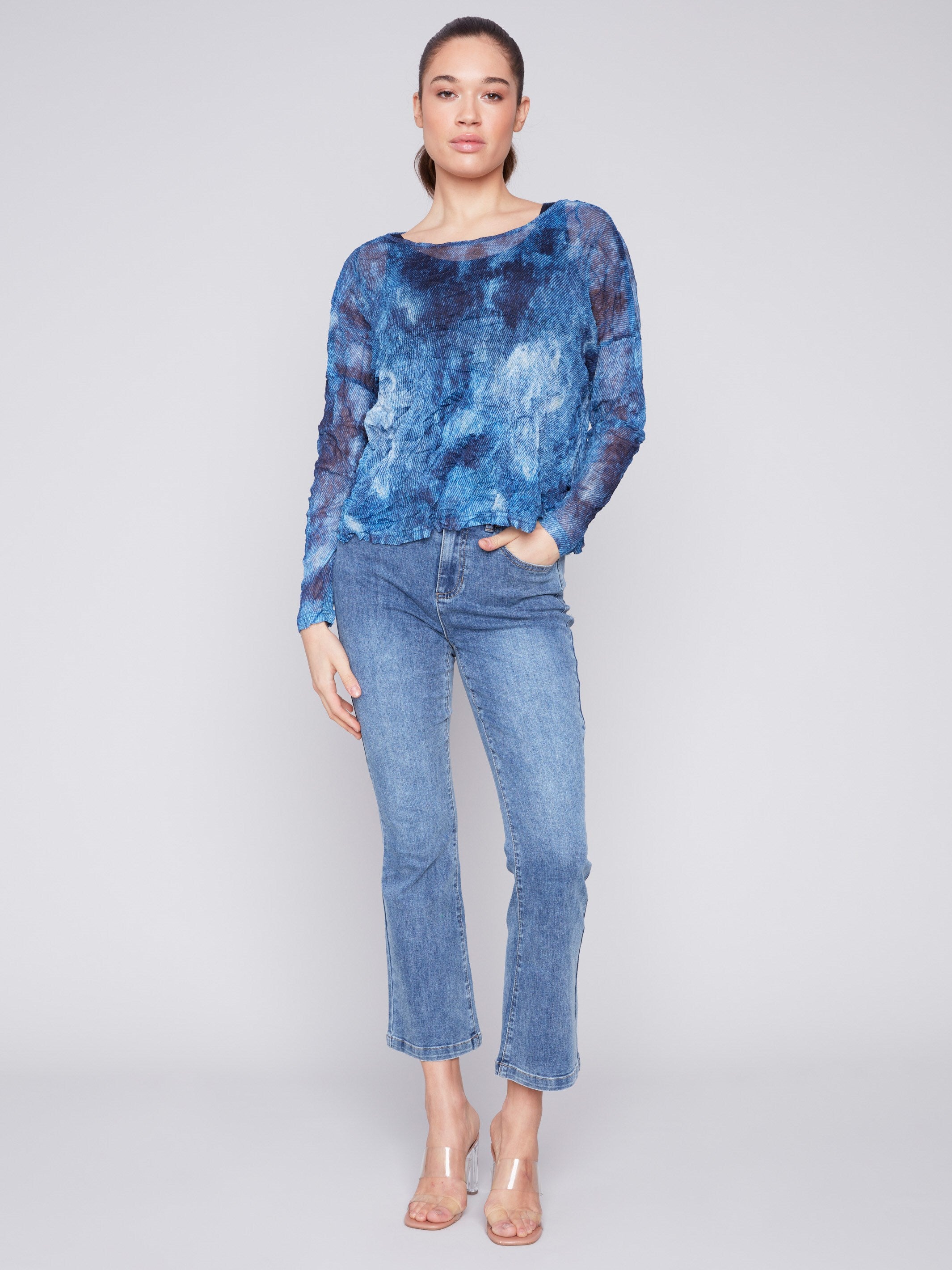 Printed Crinkle Mesh Top - Denim - Charlie B Collection Canada - Image 3