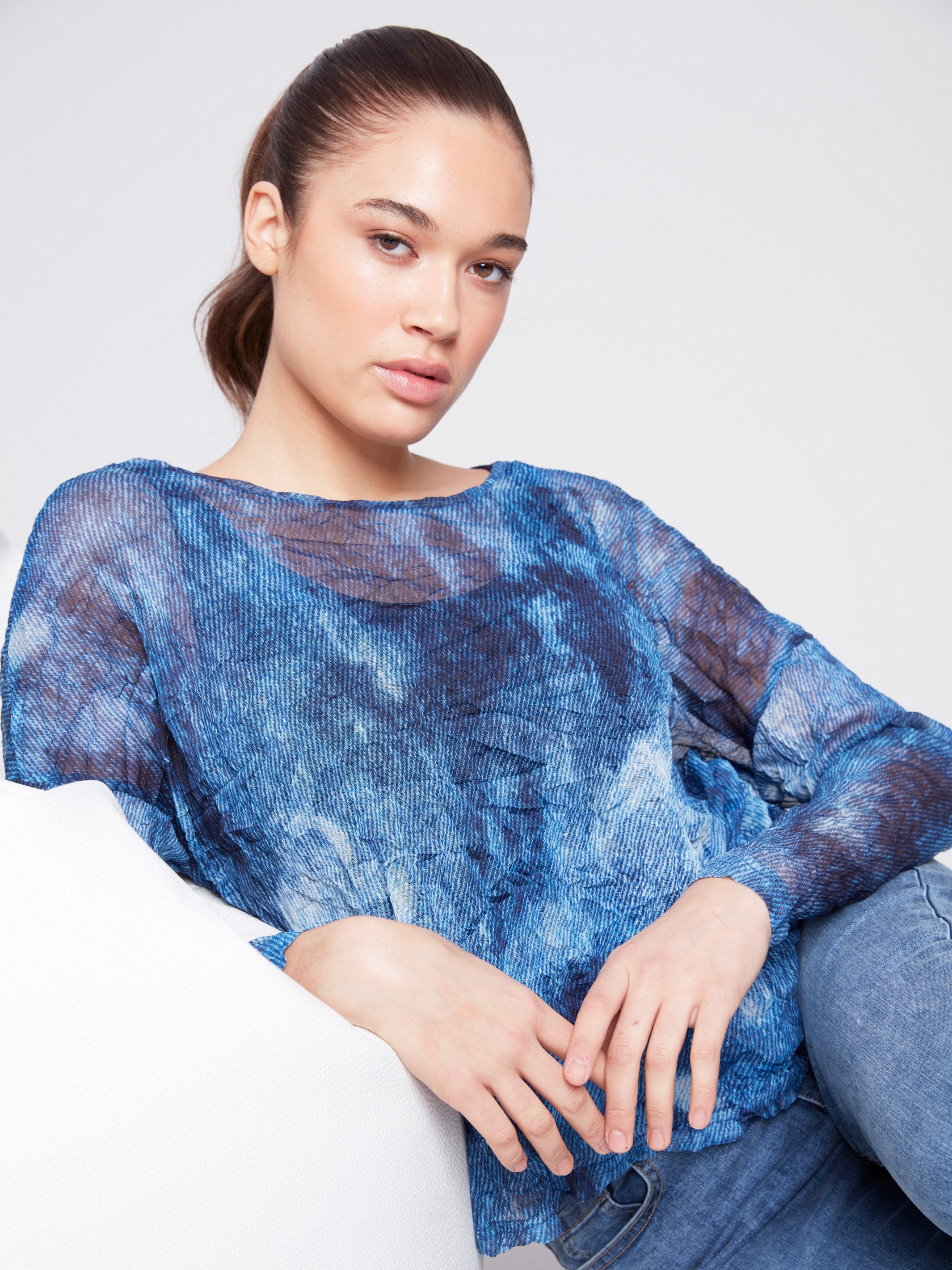 Printed Crinkle Mesh Top - Denim - Charlie B Collection Canada - Image 4