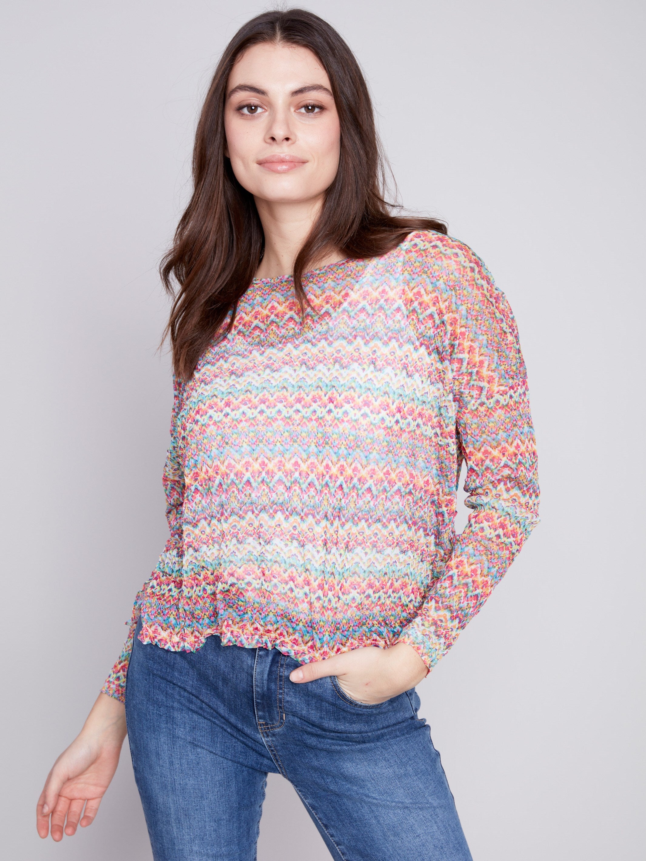Printed Crinkle Mesh Top - Multicolor - Charlie B Collection Canada - Image 1