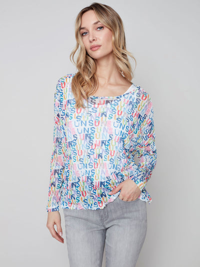 Printed Crinkle Mesh Top - Sun - C1218 Charlie B Collection Canada