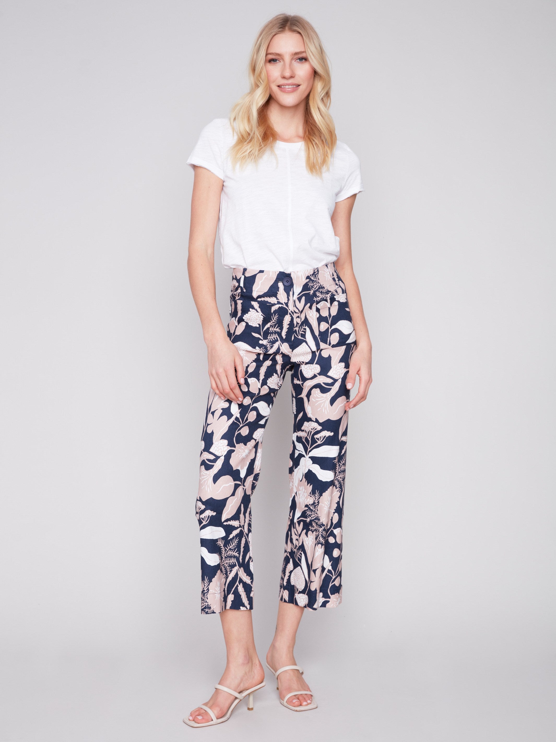 Printed Cropped Linen Blend Pants - Flourish - Charlie B Collection Canada - Image 1