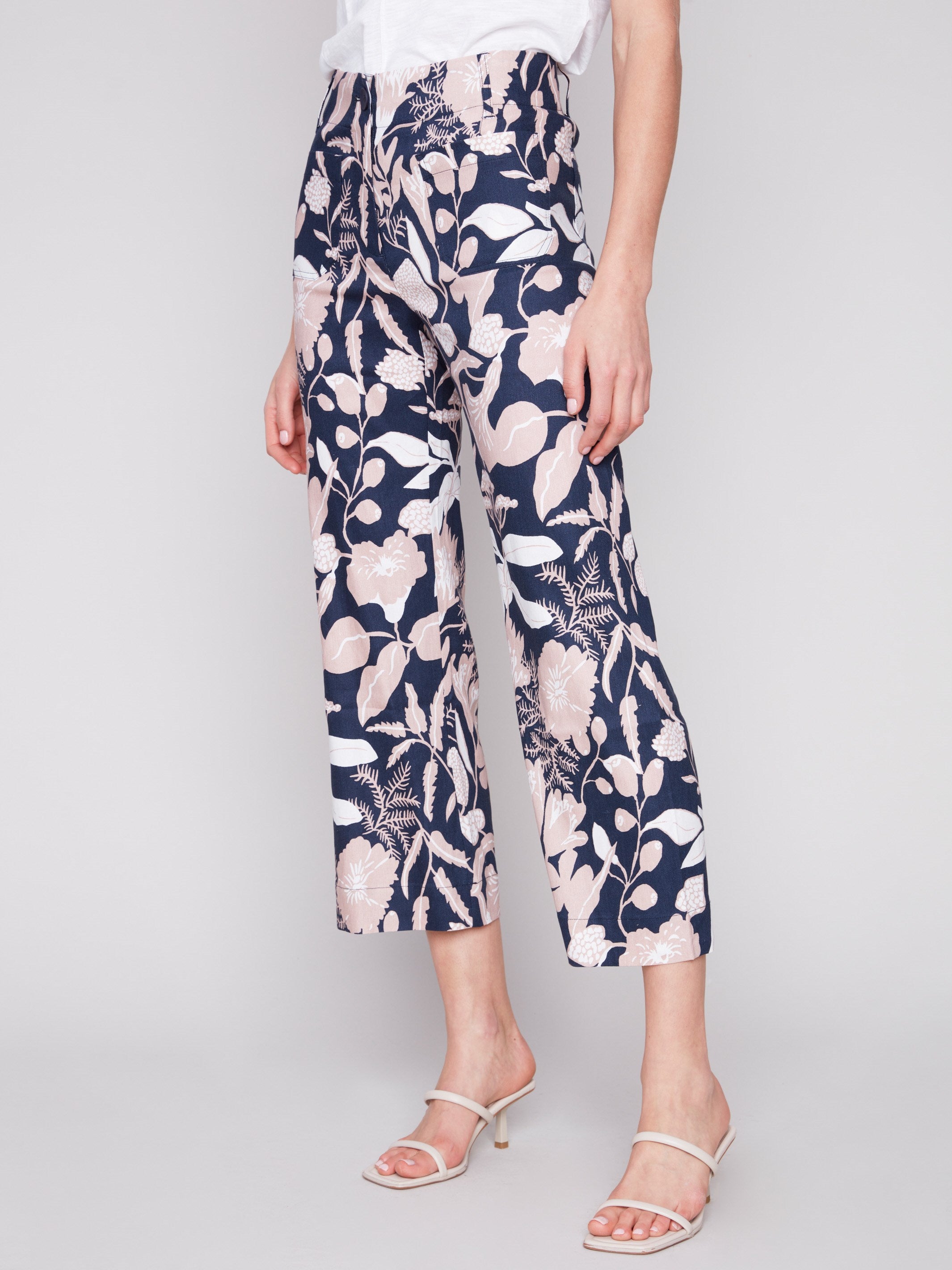 Printed Cropped Linen Blend Pants - Flourish - Charlie B Collection Canada - Image 2