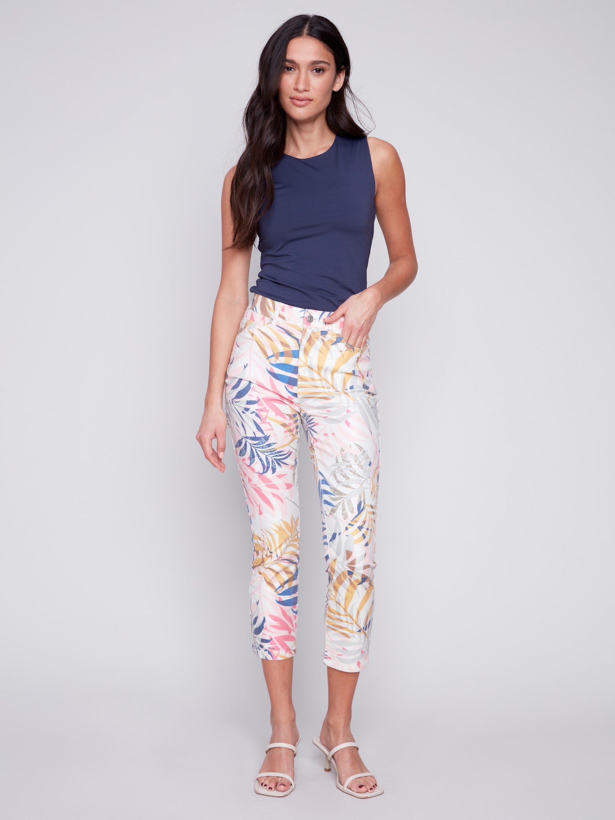 Printed Cropped Twill Pants with Zipper Detail - Leaf - Charlie B Collection Canada - Image 1
