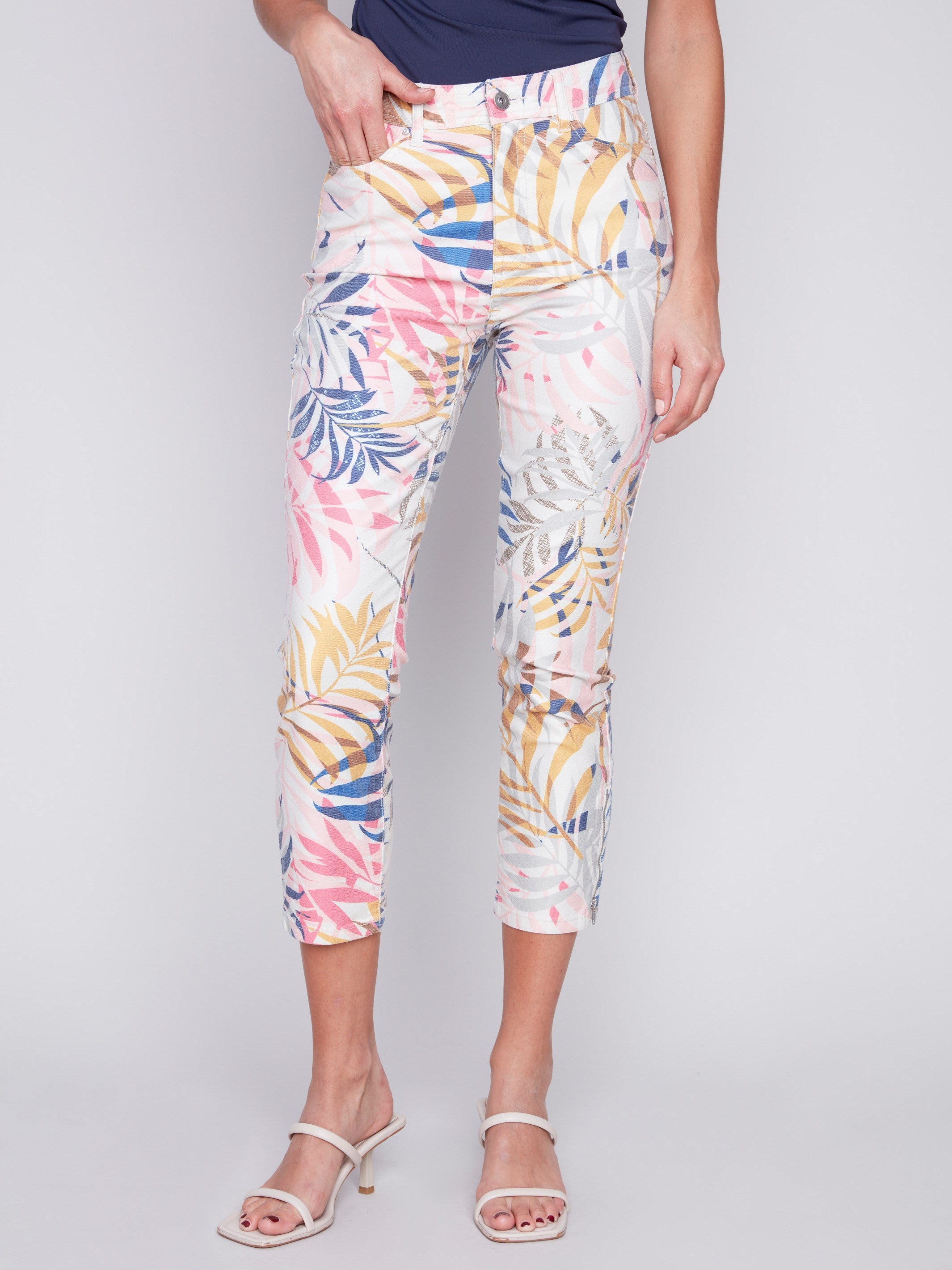 Printed Cropped Twill Pants with Zipper Detail - Leaf - Charlie B Collection Canada - Image 2