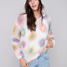 Printed Fishnet Crochet Hoodie Sweater - Daisies - Charlie B Collection Canada - Image 1