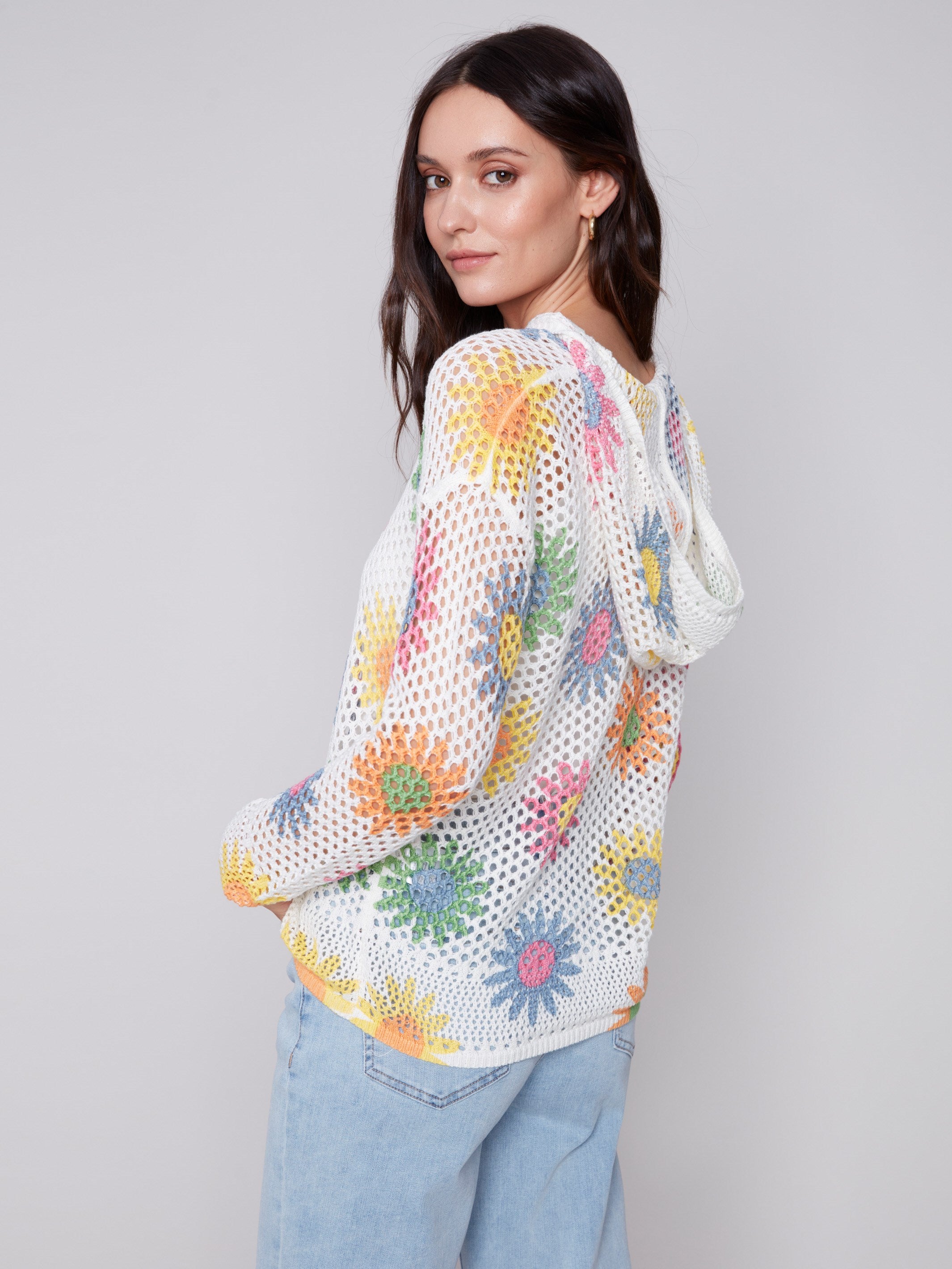 Printed Fishnet Crochet Hoodie Sweater - Daisies - Charlie B Collection Canada - Image 2