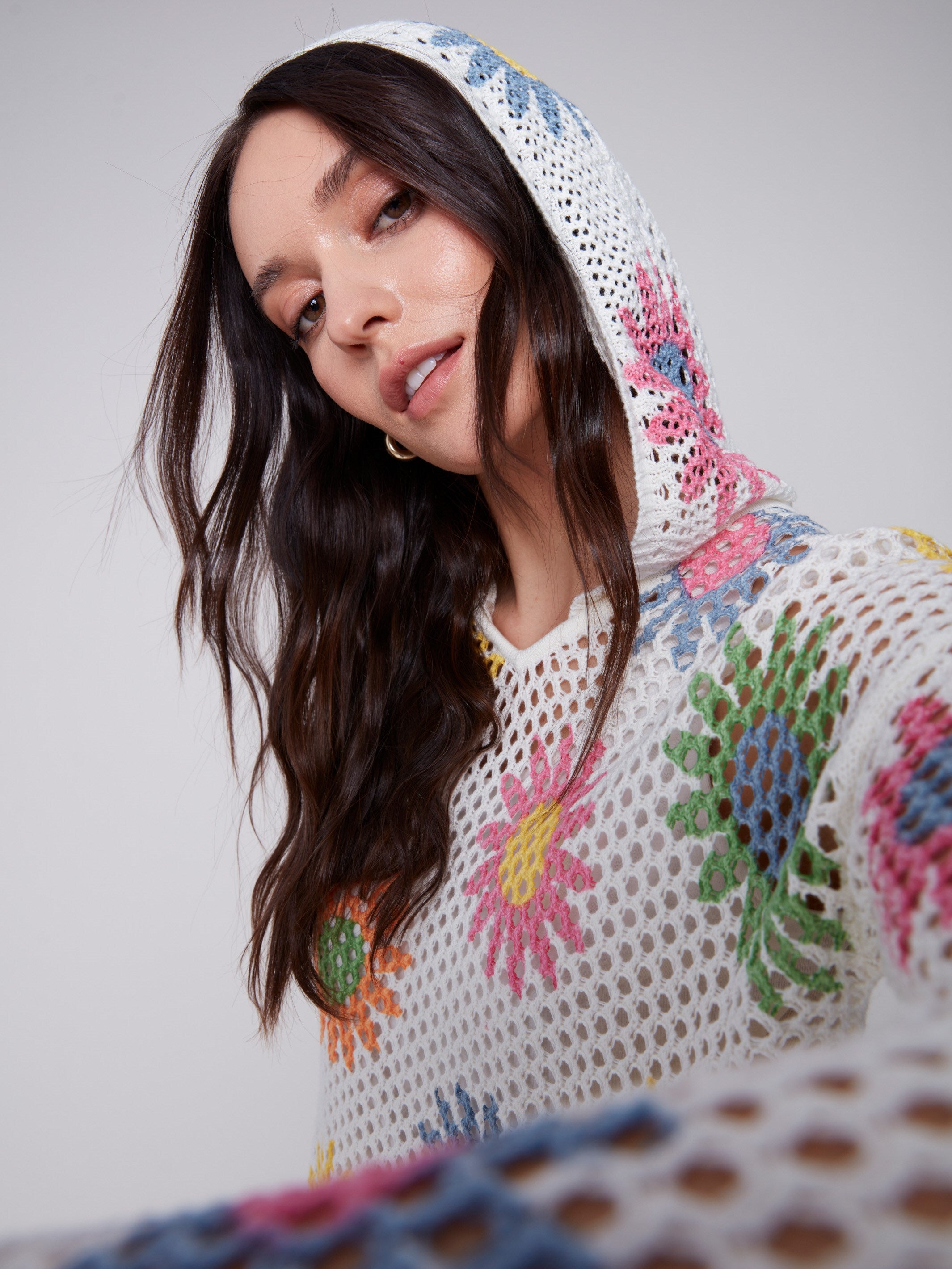 Printed Fishnet Crochet Hoodie Sweater - Daisies - Charlie B Collection Canada - Image 4