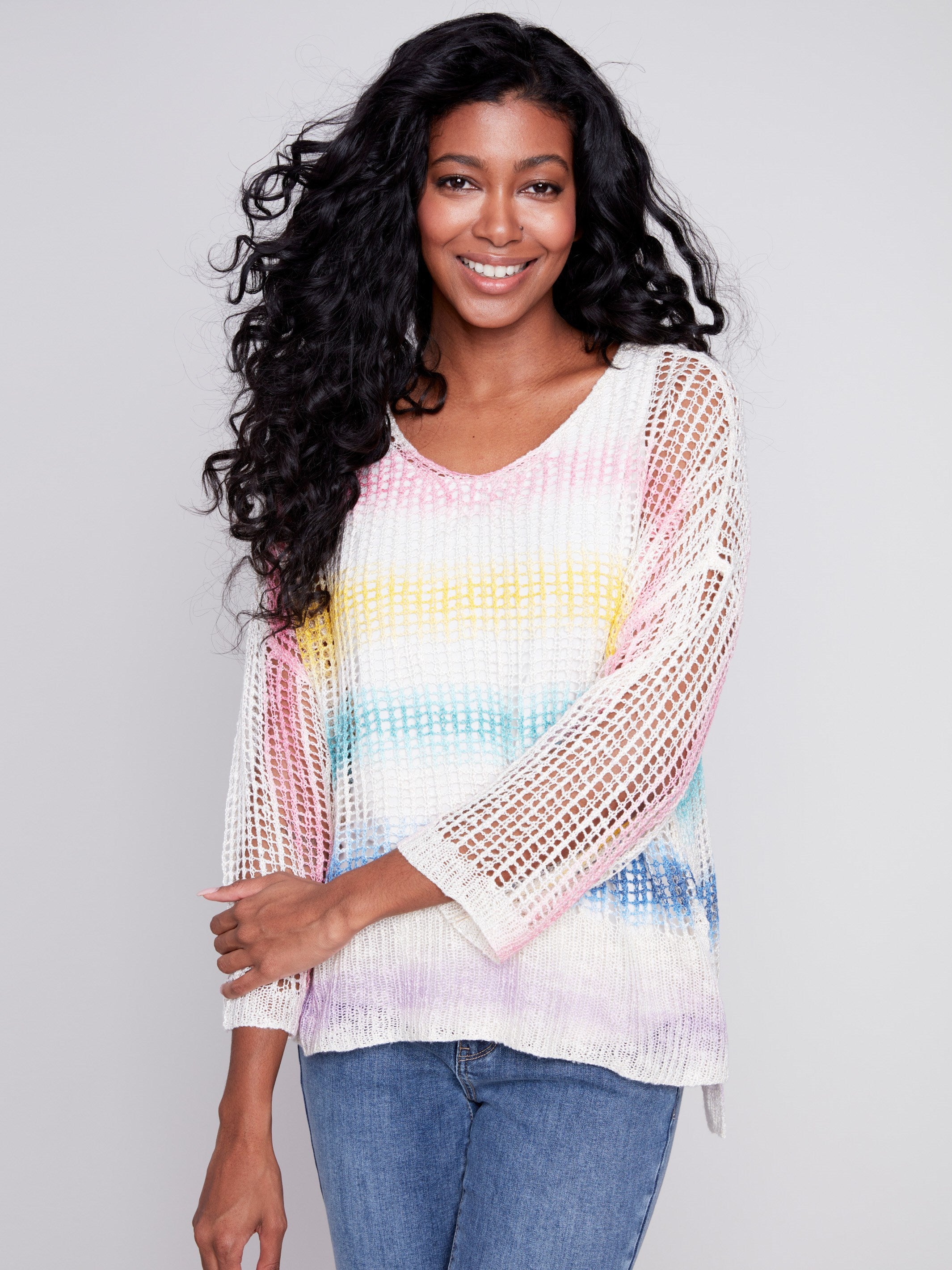 Printed Fishnet Crochet Sweater - Rainbow - Charlie B Collection Canada - Image 1