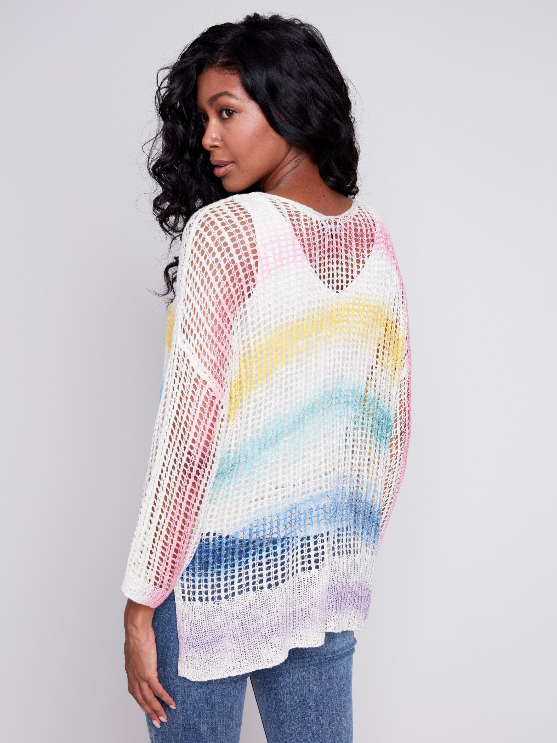 Printed Fishnet Crochet Sweater - Rainbow - Charlie B Collection Canada - Image 2