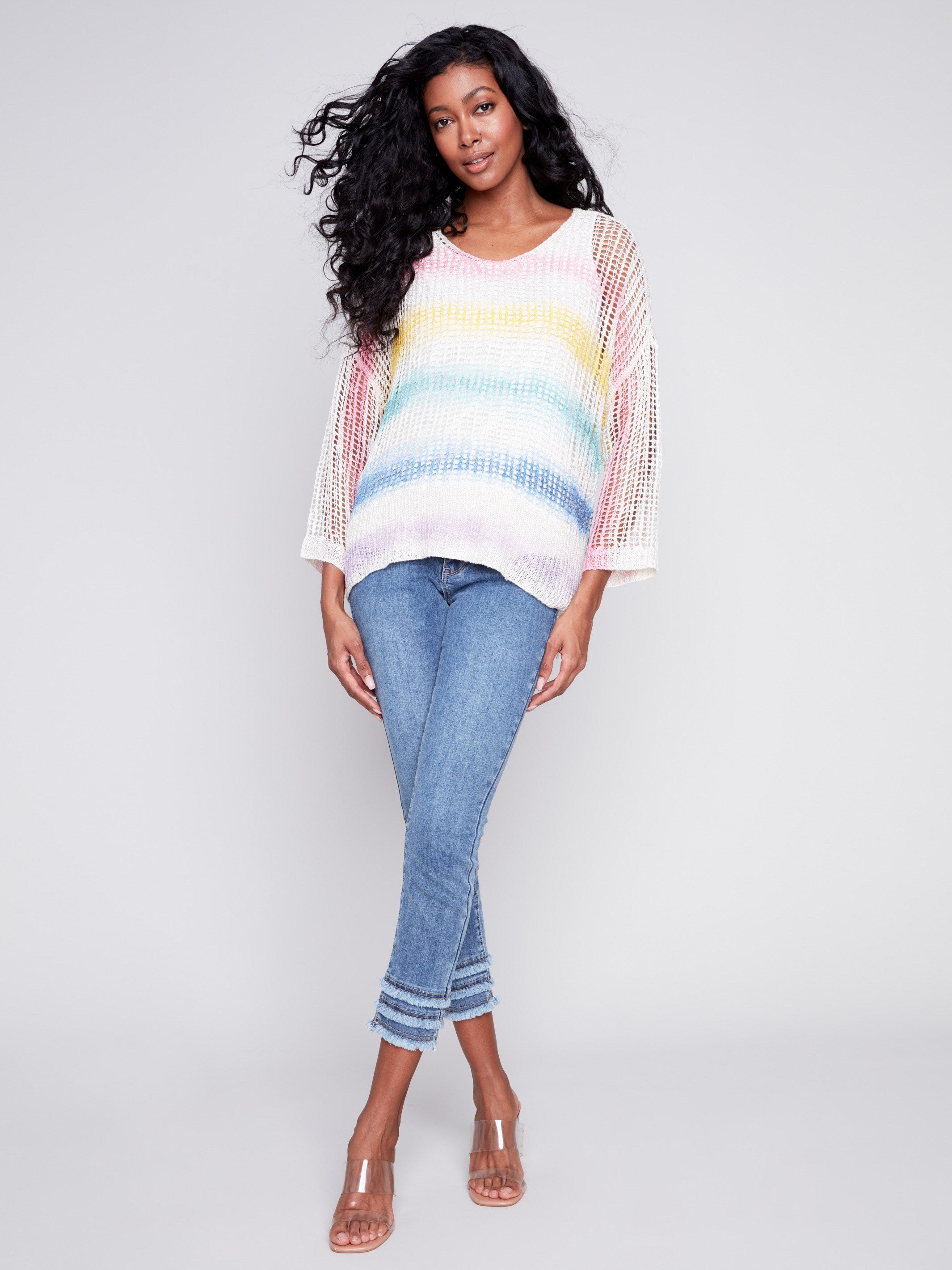 Printed Fishnet Crochet Sweater - Rainbow - Charlie B Collection Canada - Image 3