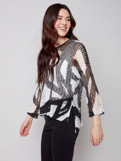 Printed Fishnet Crochet Sweater - Pepper - C2326 Charlie B Collection Canada