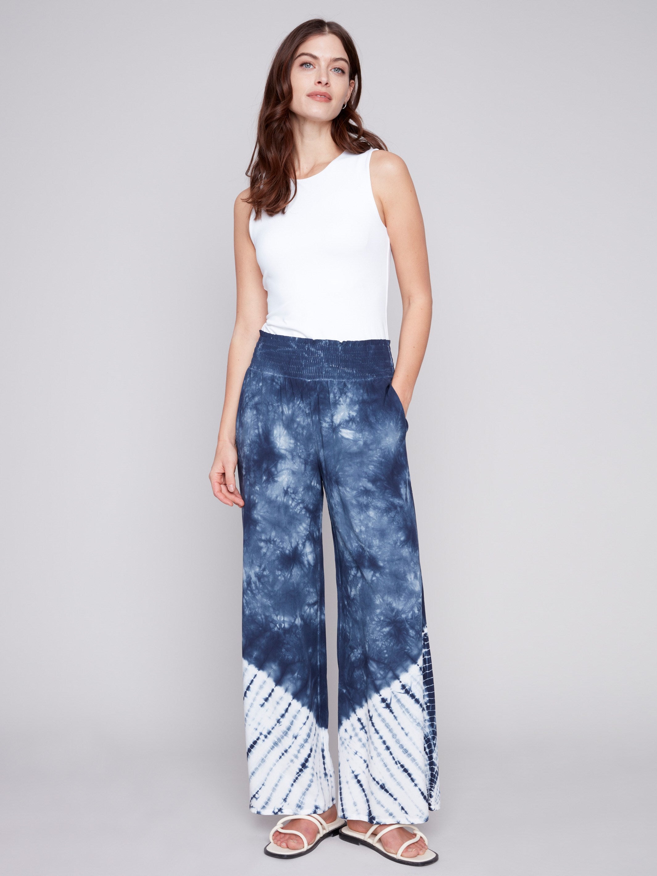 Printed Flowy Palazzo Pants - Navy - Charlie B Collection Canada - Image 1