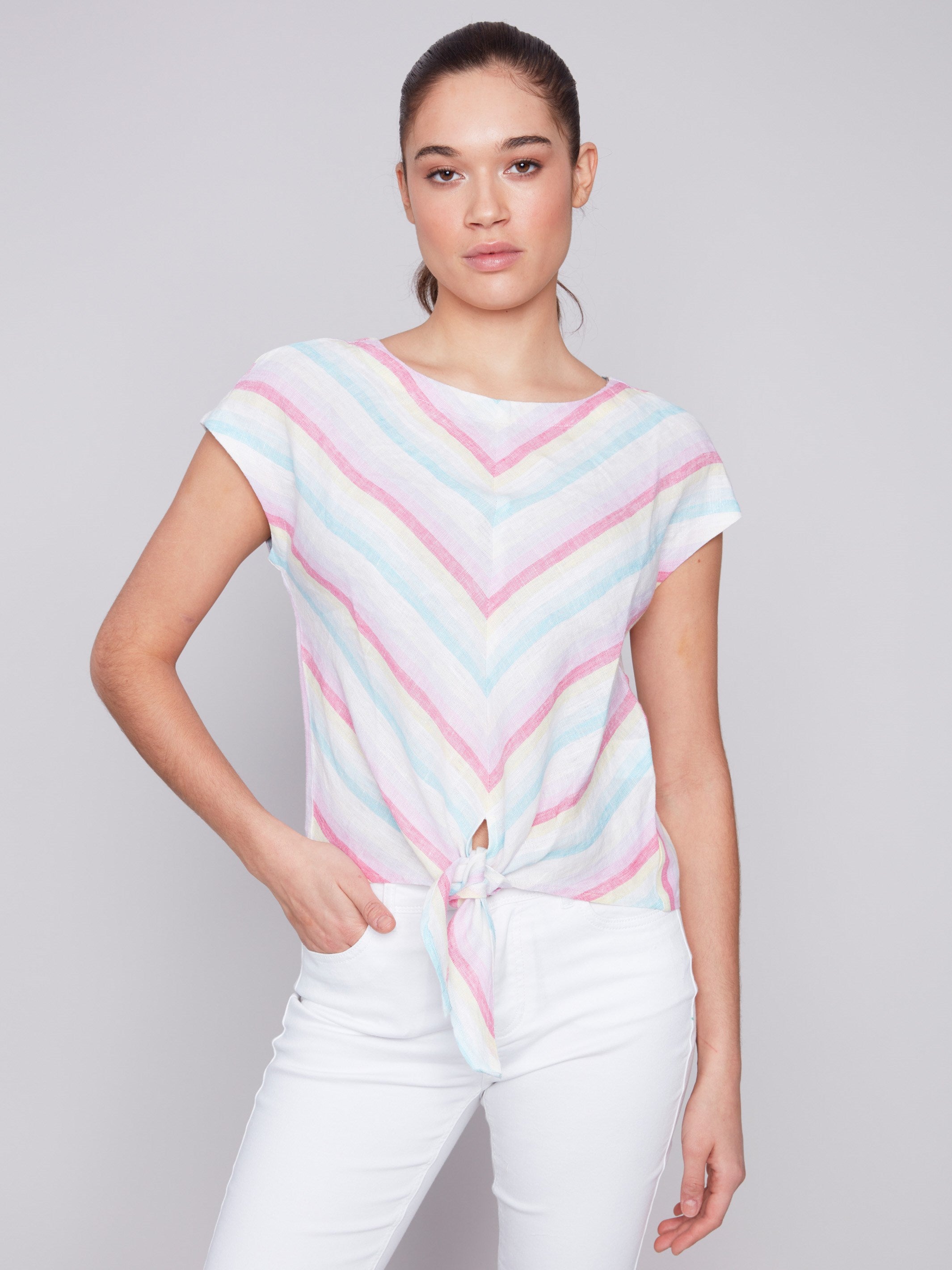 Printed Front Tie Linen Top - Lavender - Charlie B Collection Canada - Image 1