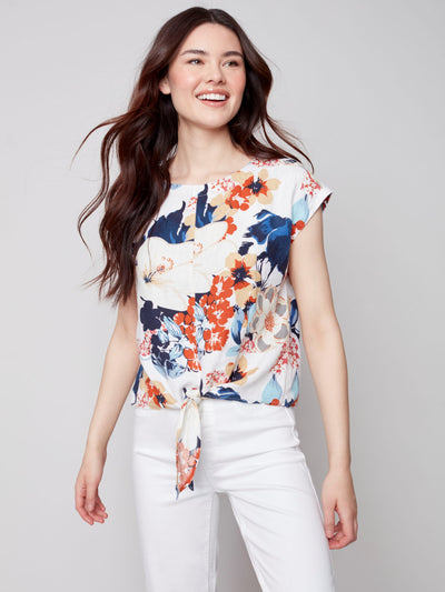 Printed Front Tie Linen Top - Saffron - C4271 Charlie B Collection Canada 1