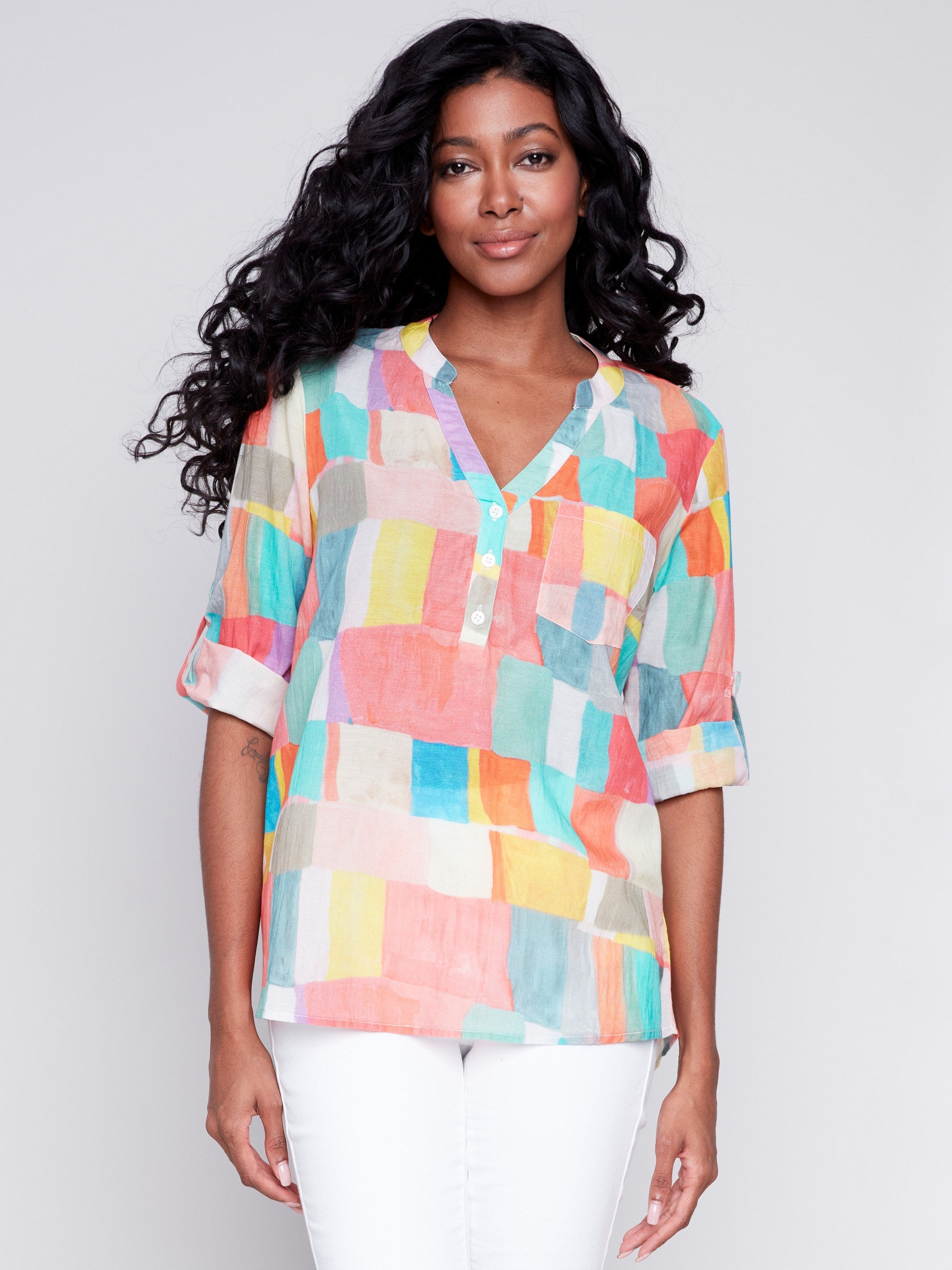 Printed Half-Button Blouse - Mosaic - Charlie B Collection Canada - Image 1