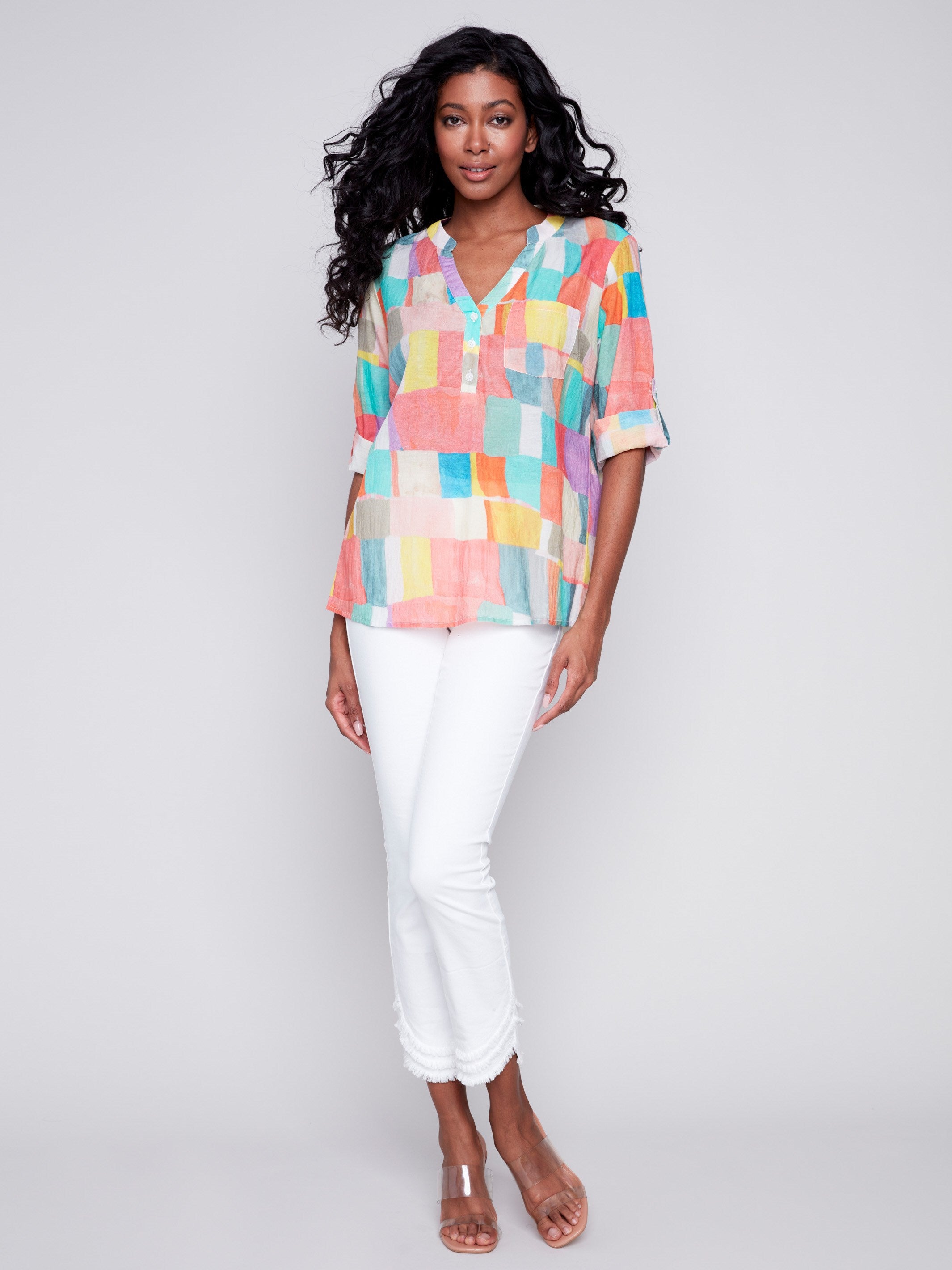Printed Half-Button Blouse - Mosaic - Charlie B Collection Canada - Image 2