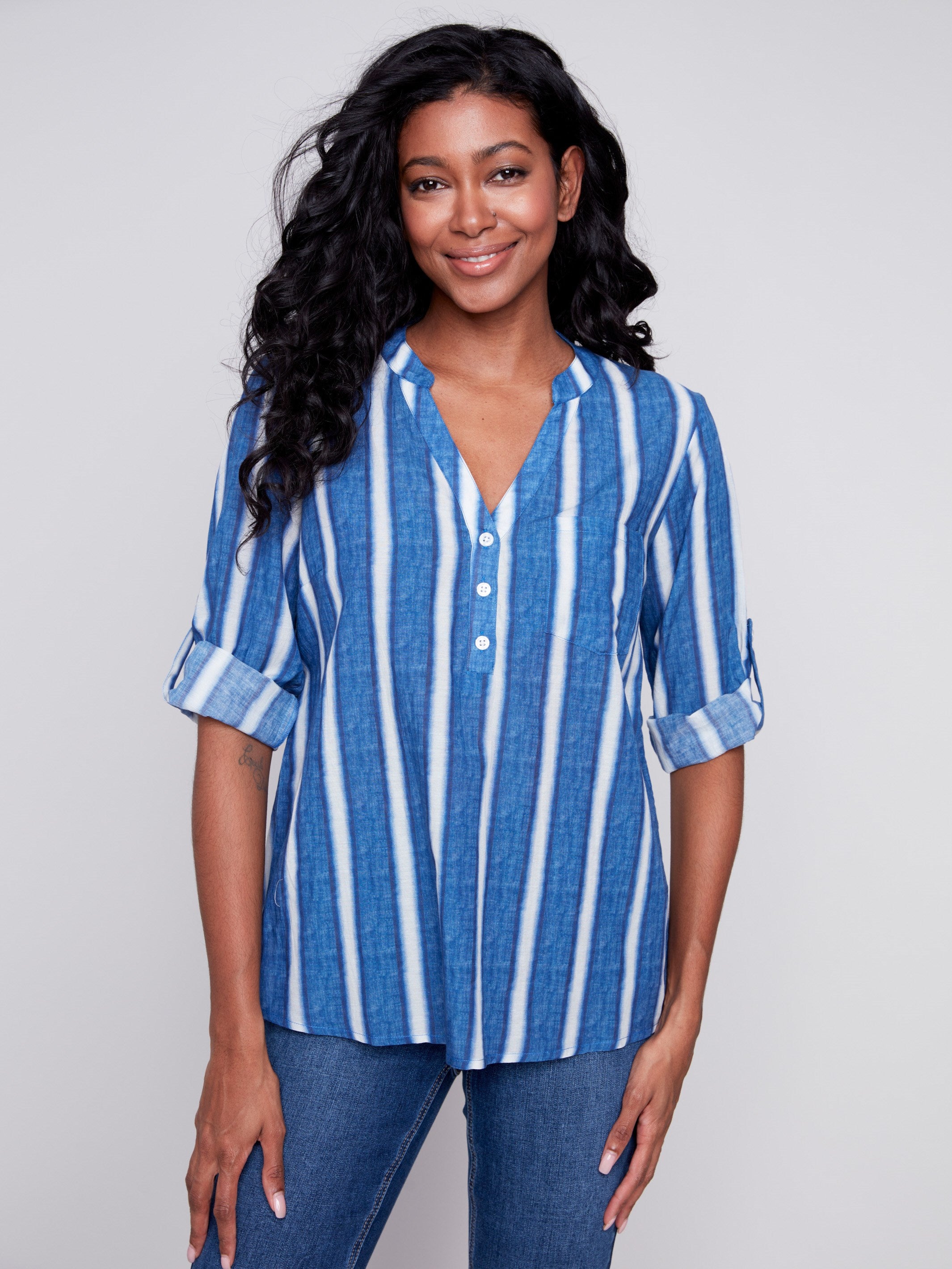 Printed Half-Button Blouse - Stripes - Charlie B Collection Canada - Image 1