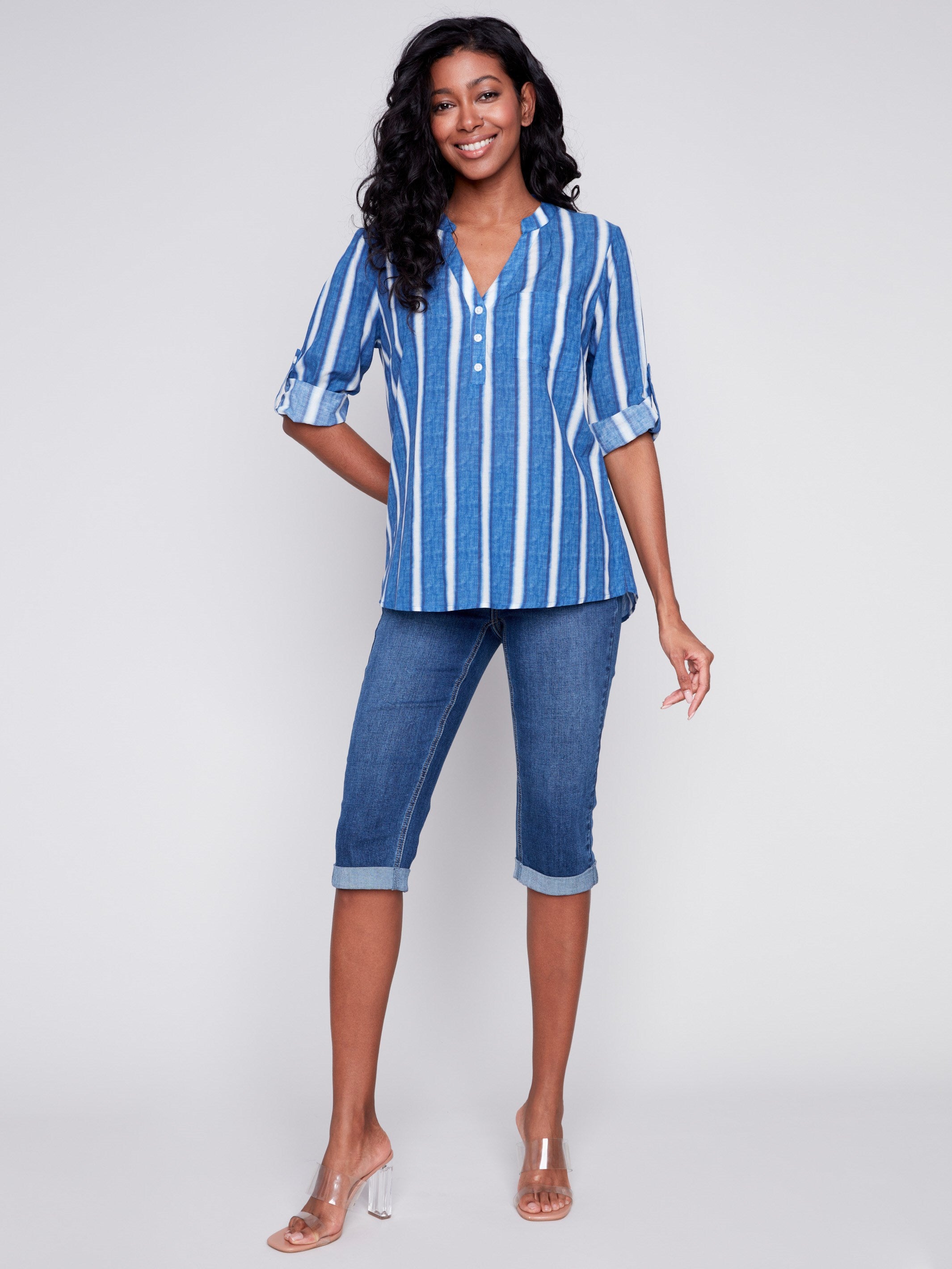 Printed Half-Button Blouse - Stripes - Charlie B Collection Canada - Image 3