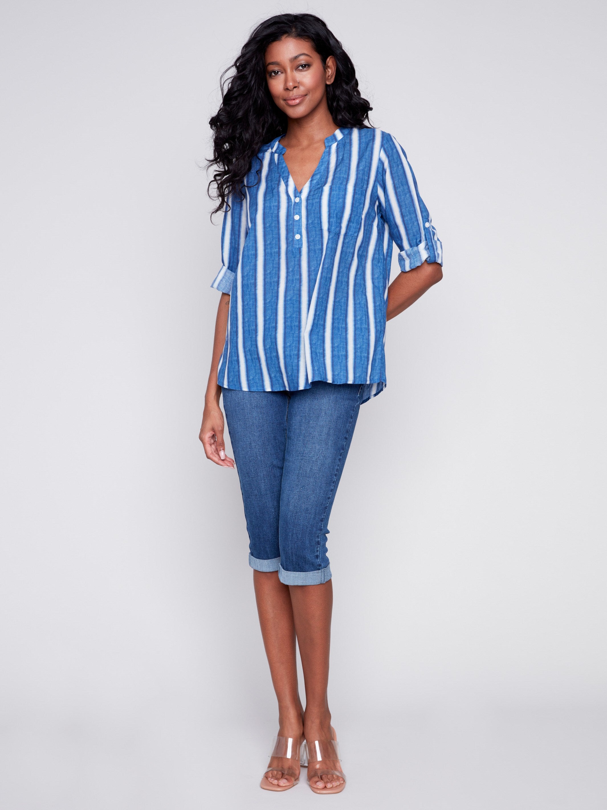 Printed Half-Button Blouse - Stripes - Charlie B Collection Canada - Image 4