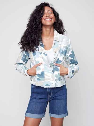 Printed Linen Blend Jacket - Basil - C6199 Charlie B Collection Canada 1