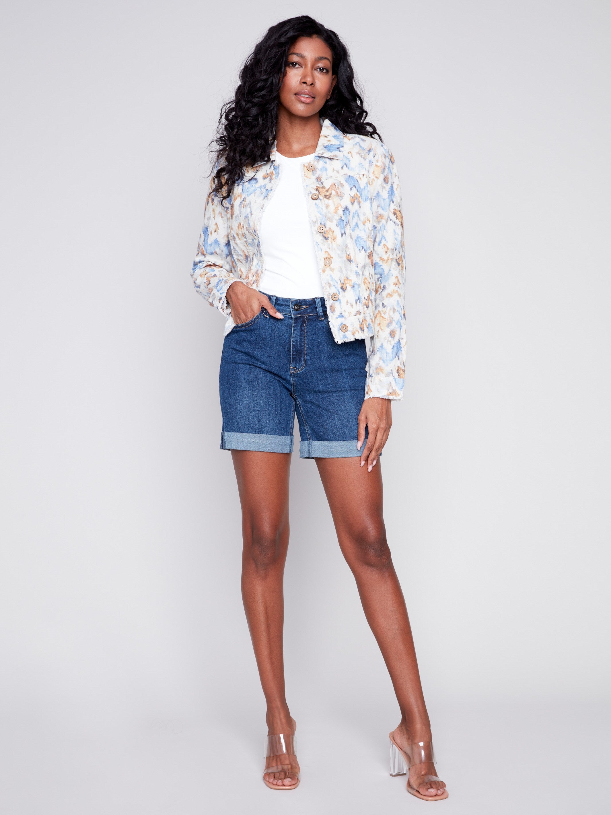 Printed Linen Blend Jacket - Seaside - Charlie B Collection Canada - Image 2