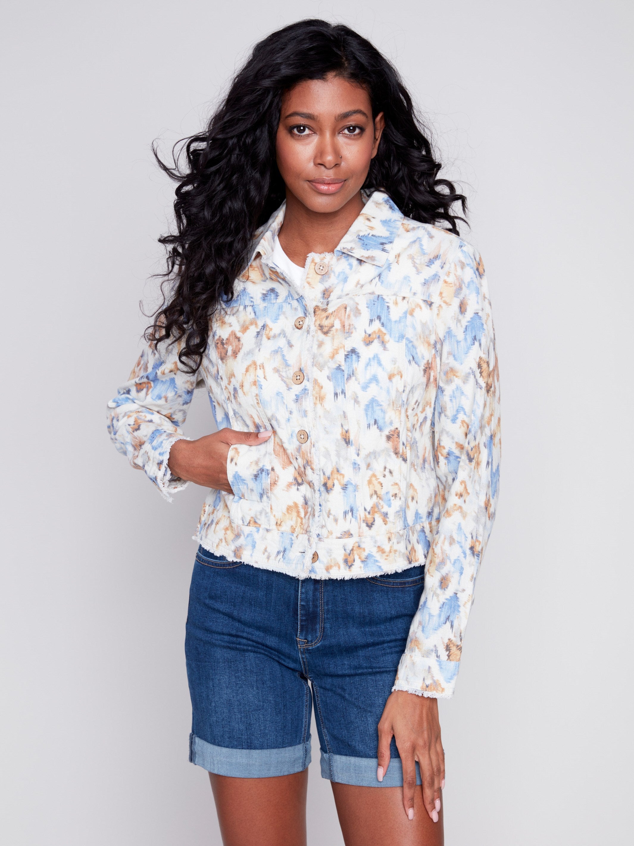 Printed Linen Blend Jacket - Seaside - Charlie B Collection Canada - Image 3