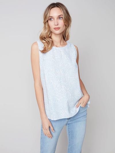 Printed Linen-Blend Top with Back Buttons - Cerulean - C4472 Charlie B Collection 1