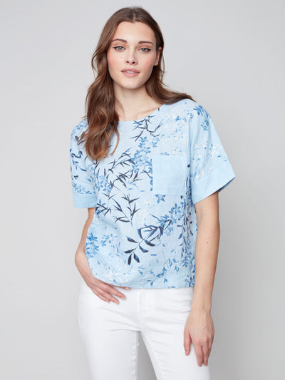 Printed Linen Dolman Top - Cerulean Blue - C4474 Charlie B Collection Canada