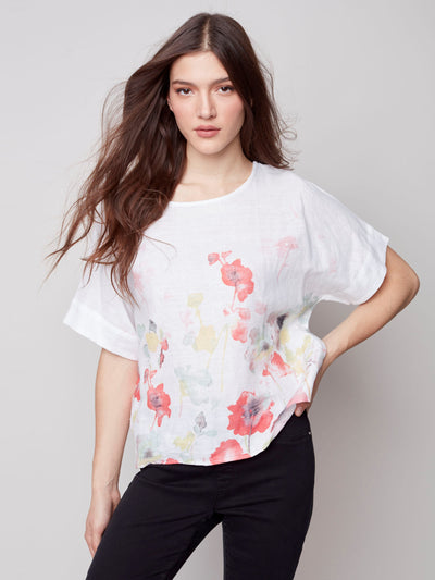 Printed Linen Dolman Top - Grapefruit - C4475 Charlie B Collection Canada 1