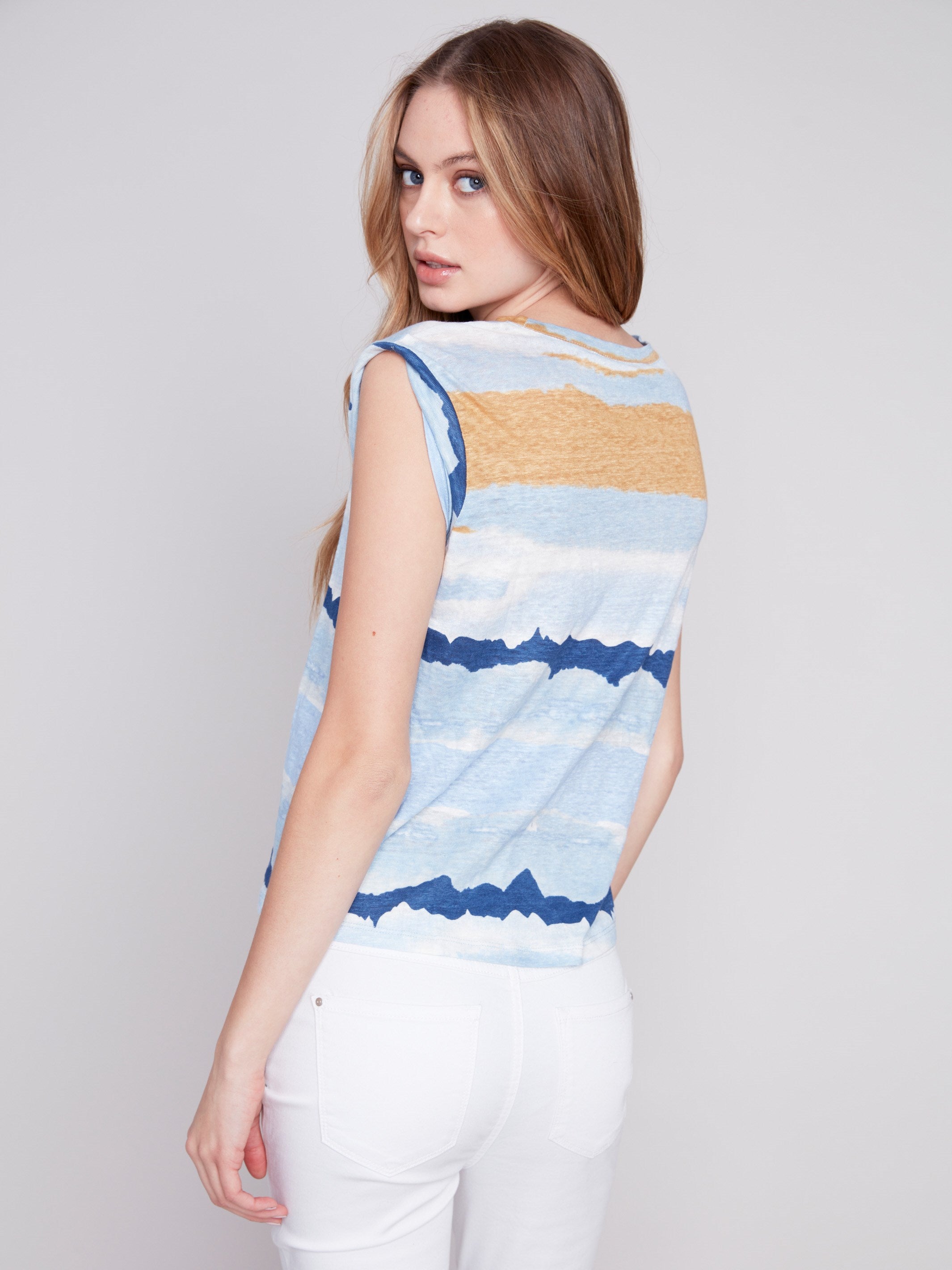 Printed Linen Tank Top with Sleeve Detail - Corn - Charlie B Collection Canada - Image 2