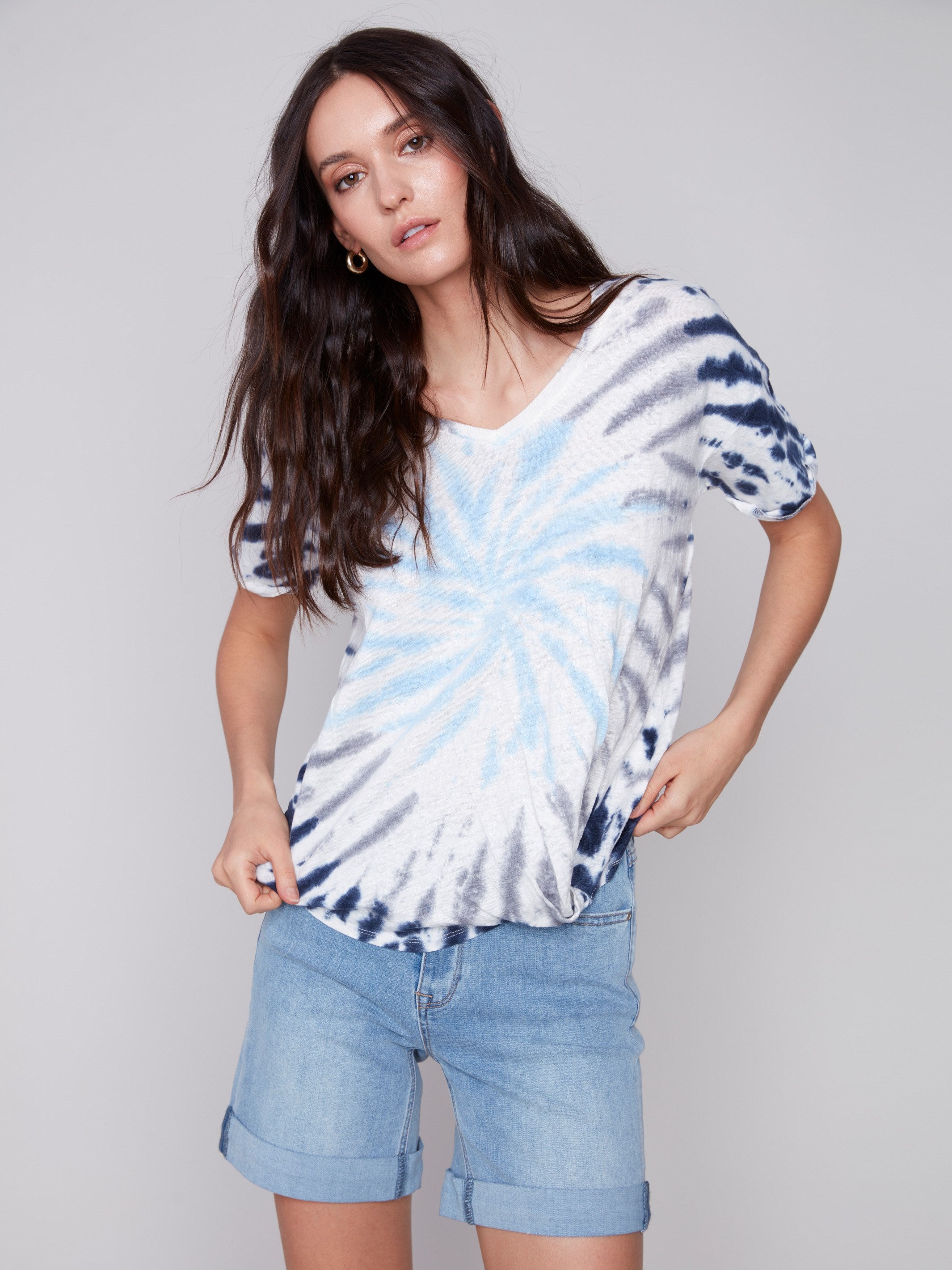 Printed Linen Top With Front Twist Knot - Sky - Charlie B Collection Canada - Image 1