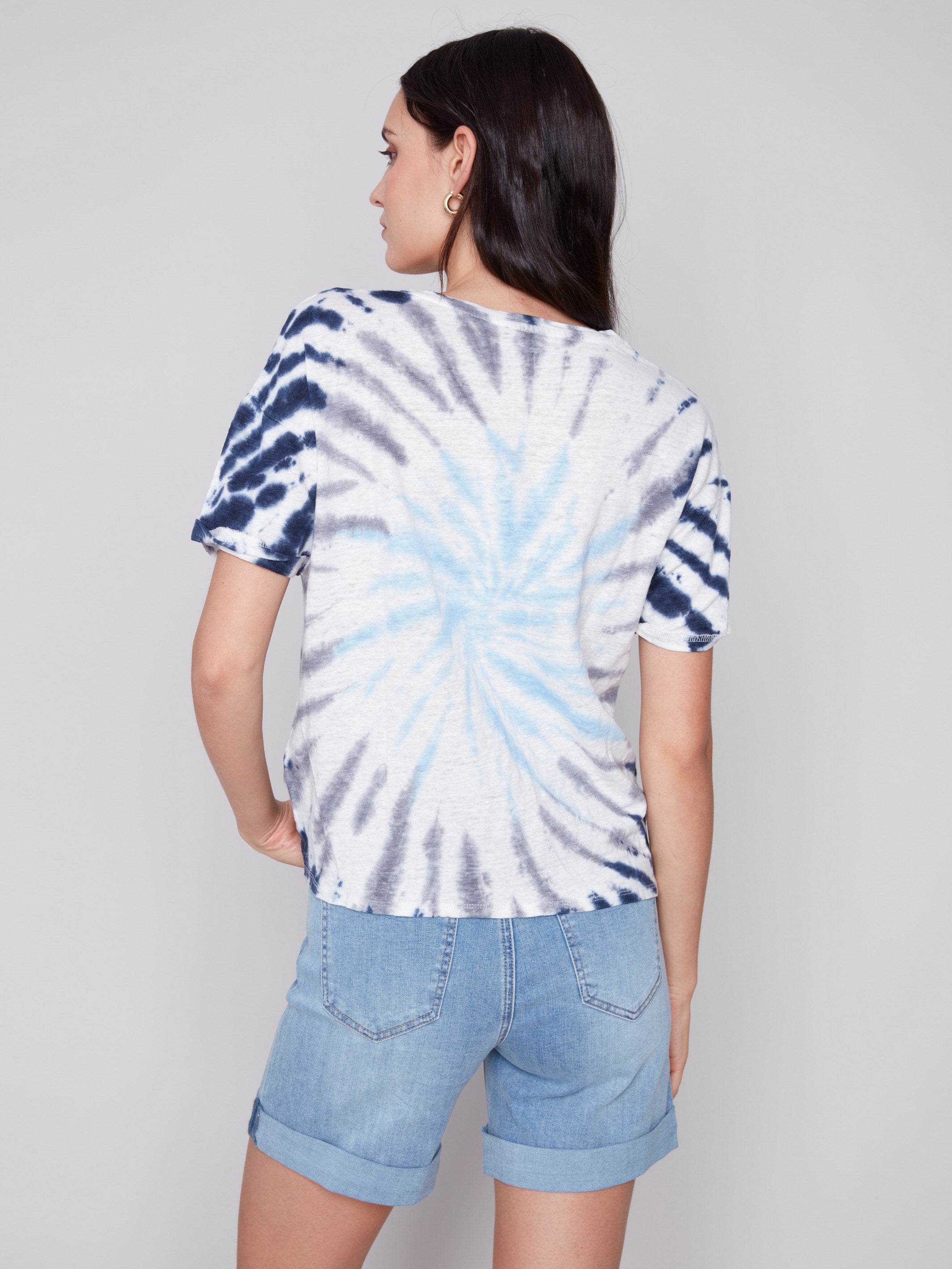 Printed Linen Top With Front Twist Knot - Sky - Charlie B Collection Canada - Image 2