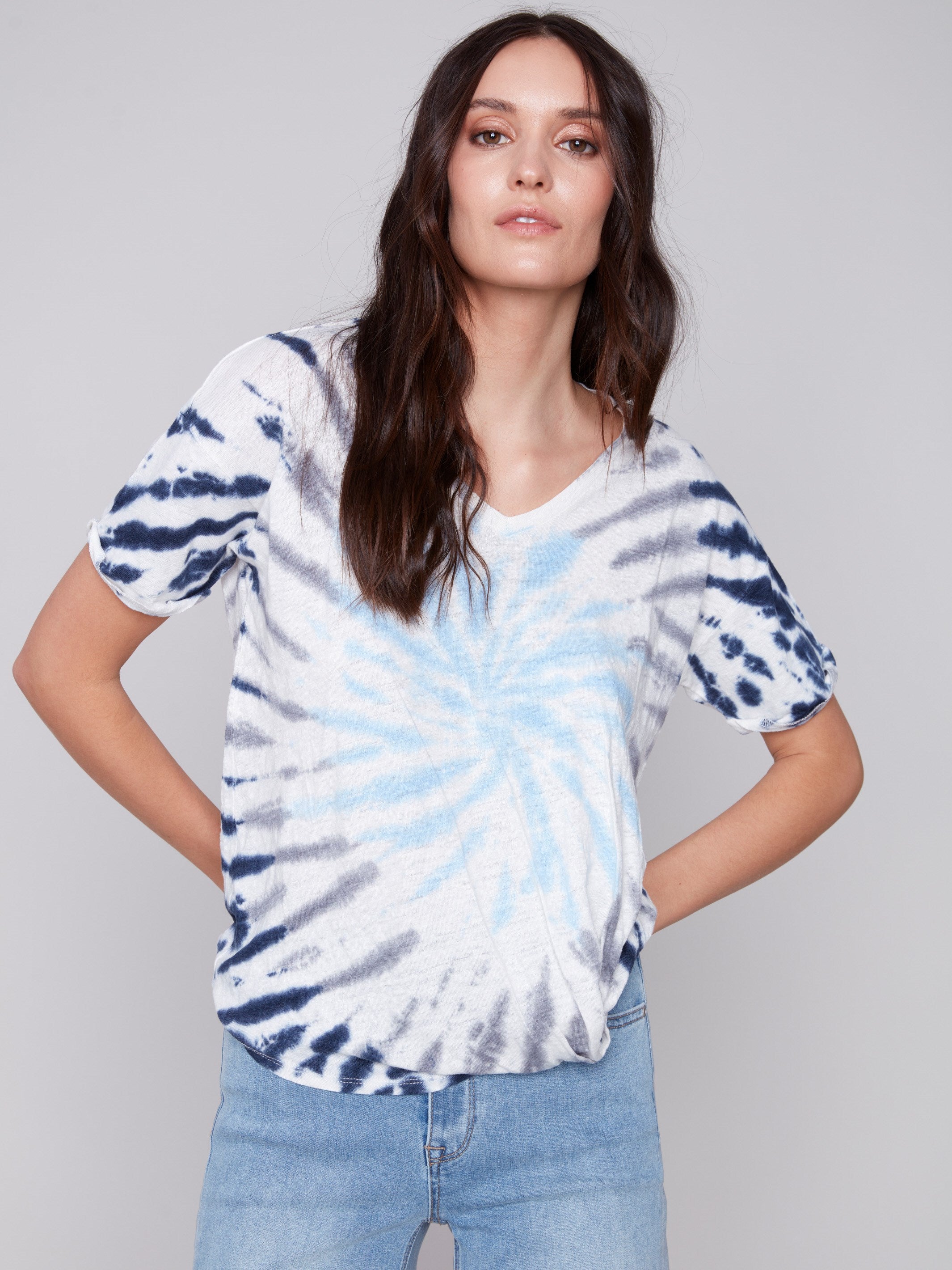 Printed Linen Top With Front Twist Knot - Sky - Charlie B Collection Canada - Image 4