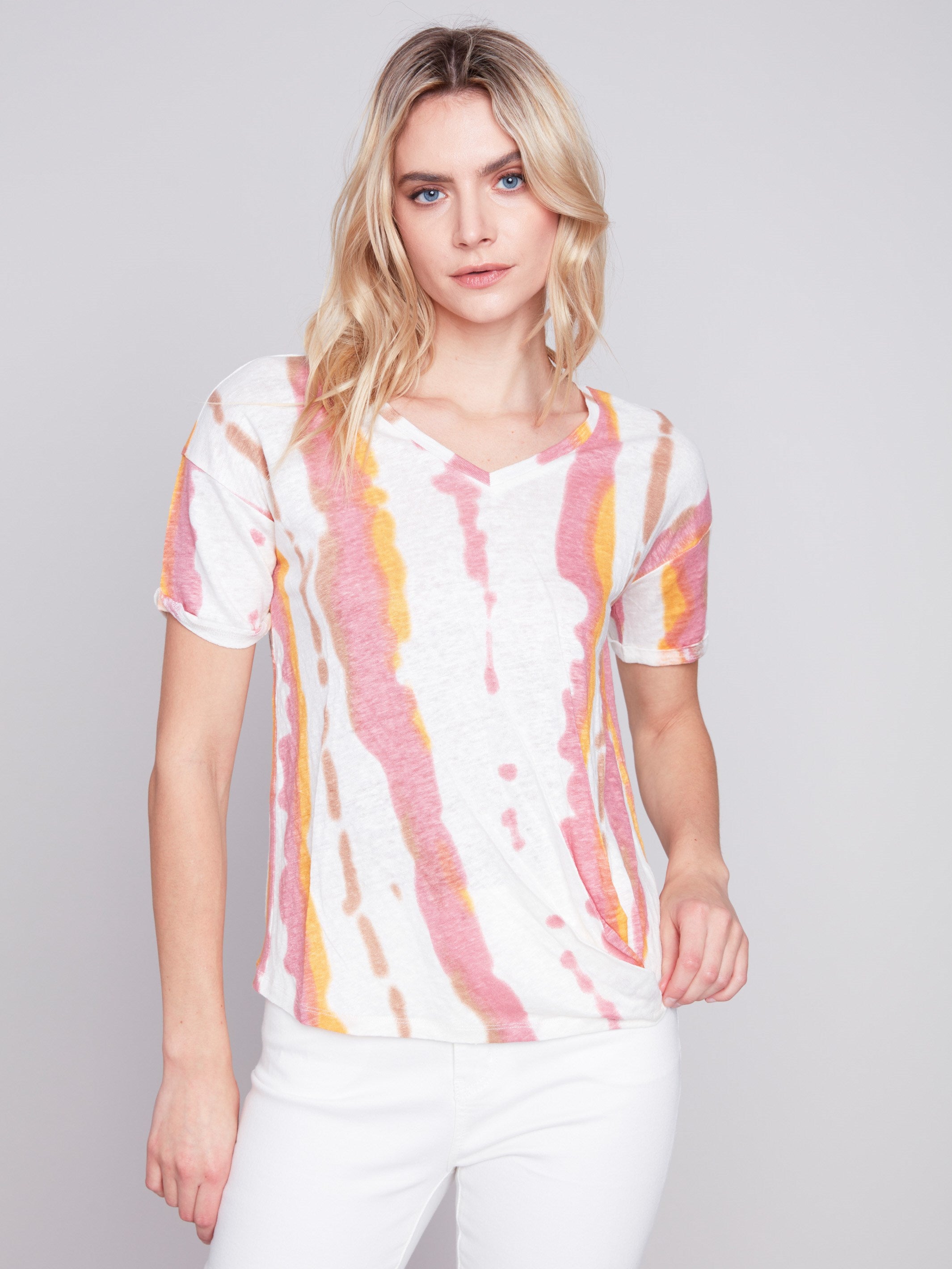 Printed Linen Top With Front Twist Knot - Natural - Charlie B Collection Canada - Image 1