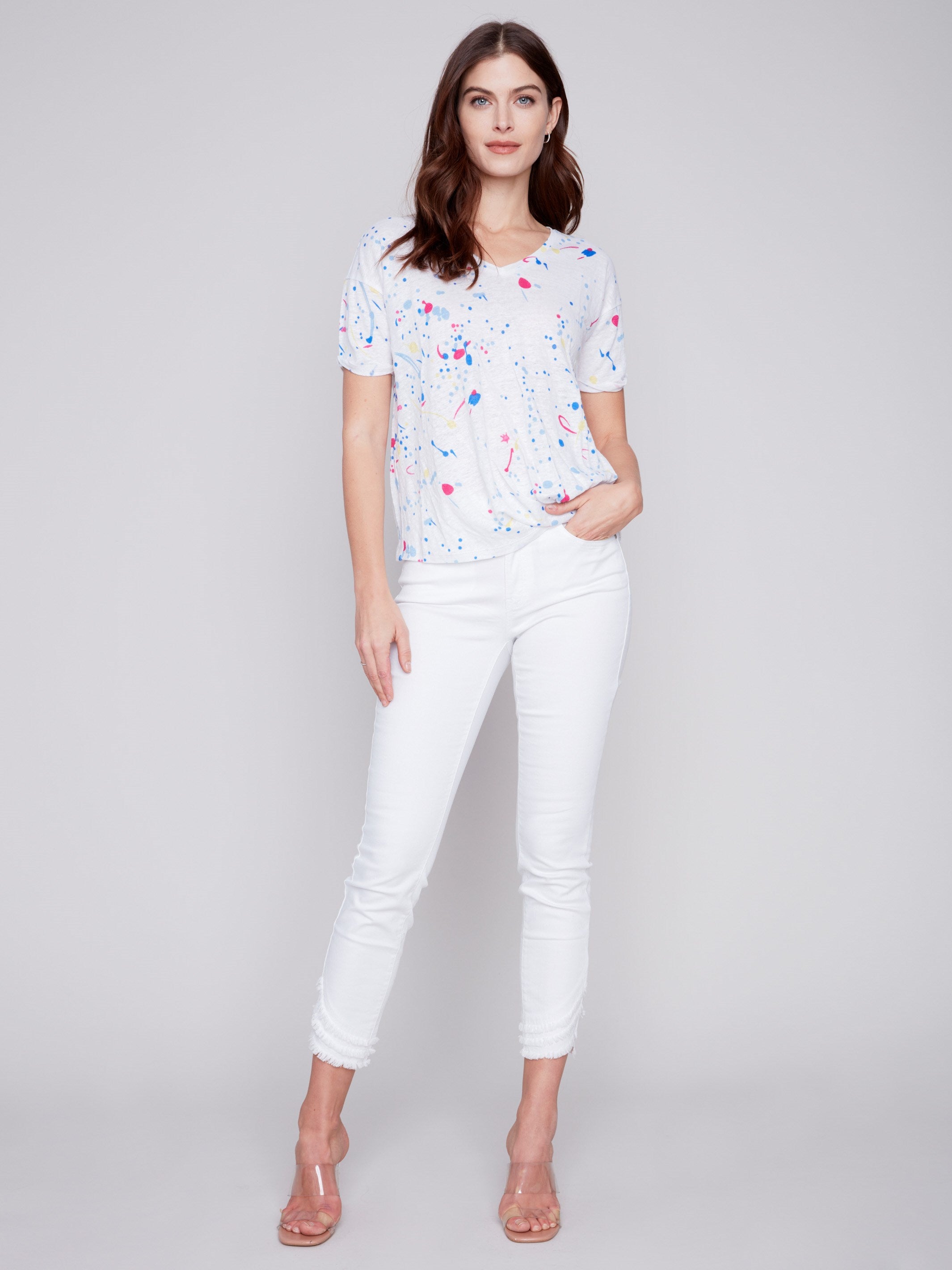 Printed Linen Top With Front Twist Knot - Splash - Charlie B Collection Canada - Image 5