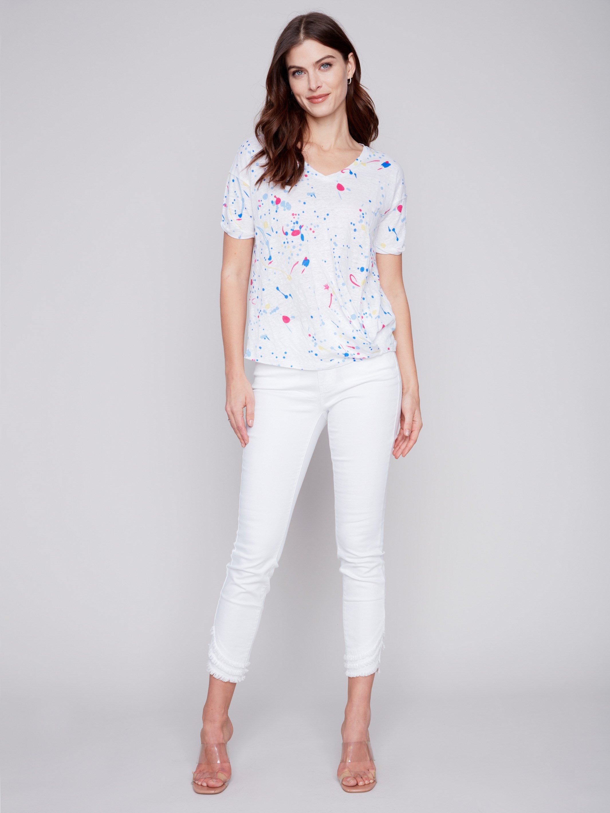 Printed Linen Top With Front Twist Knot - Splash - Charlie B Collection Canada - Image 6