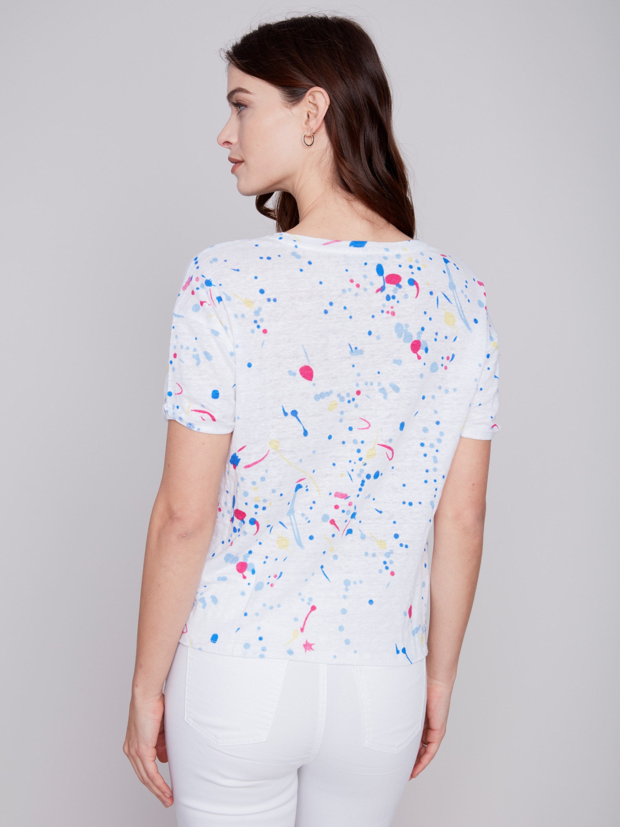 Printed Linen Top With Front Twist Knot - Splash - Charlie B Collection Canada - Image 7