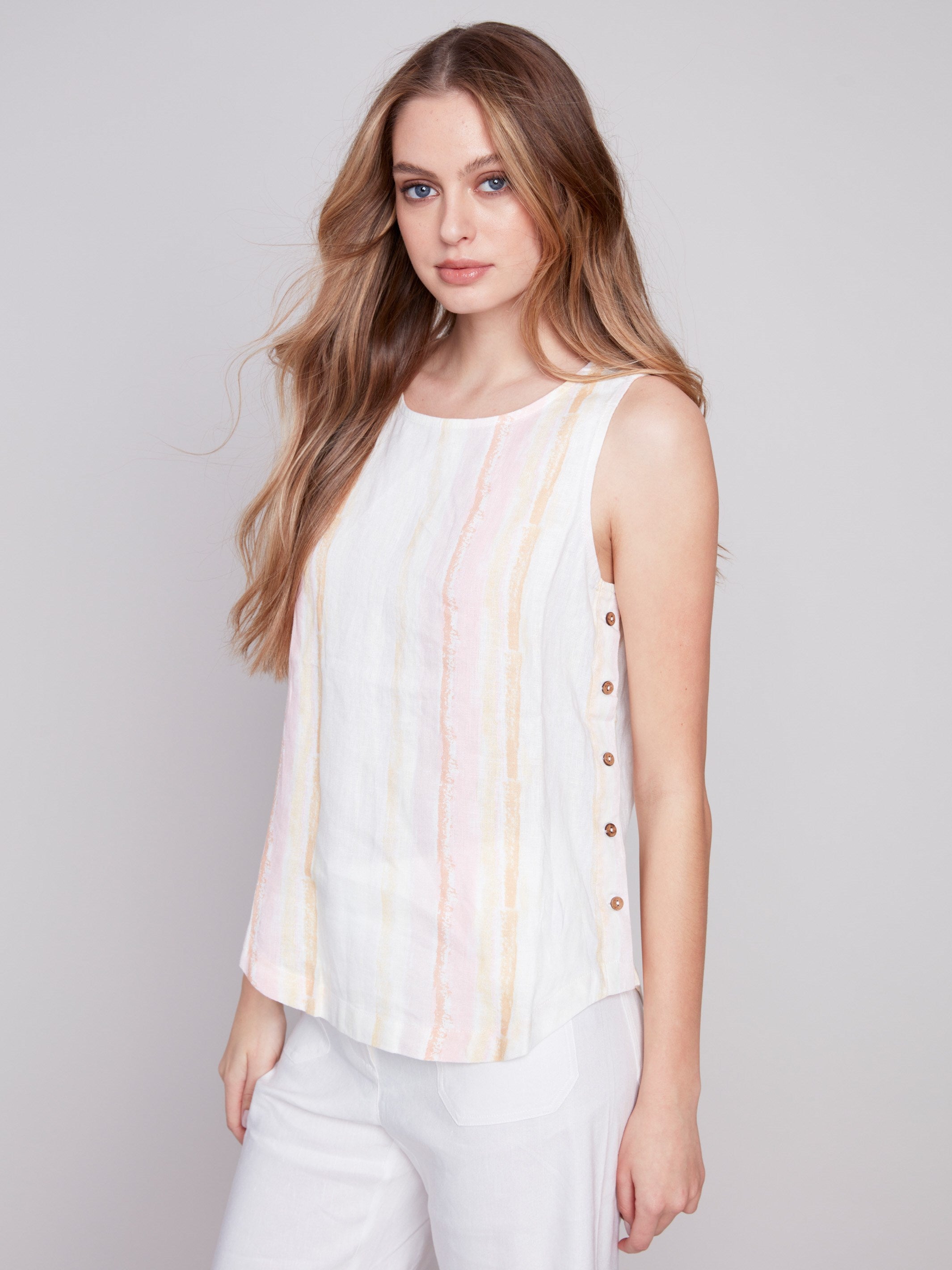 Printed Linen Top with Side Buttons - Tulip - Charlie B Collection Canada - Image 1