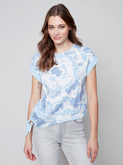 Printed Linen Top with Side Tie - Indigo - C4483 Charlie B Collection Canada
