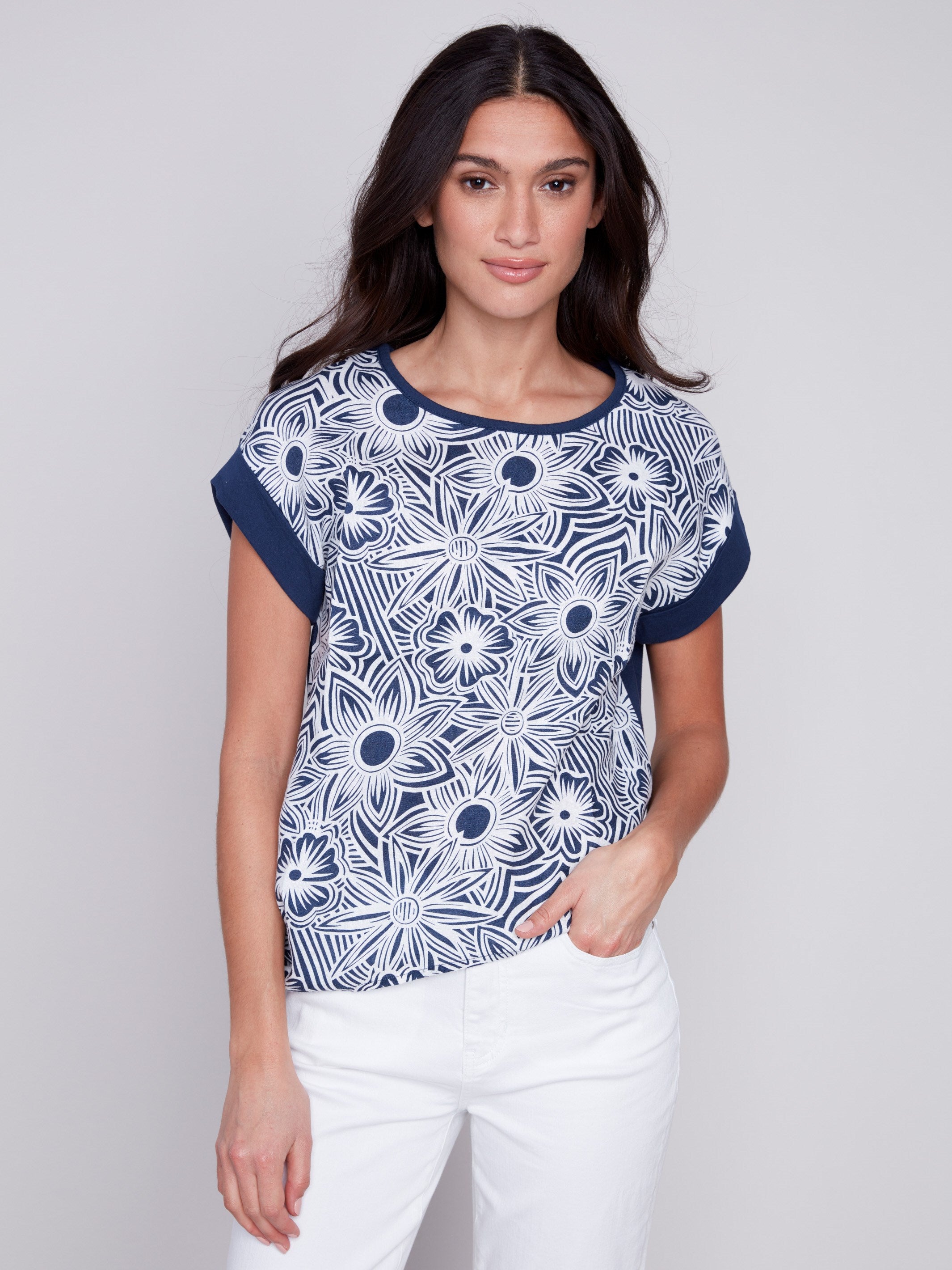 Printed Linen Top with Side Tie - Navy - Charlie B Collection Canada - Image 1
