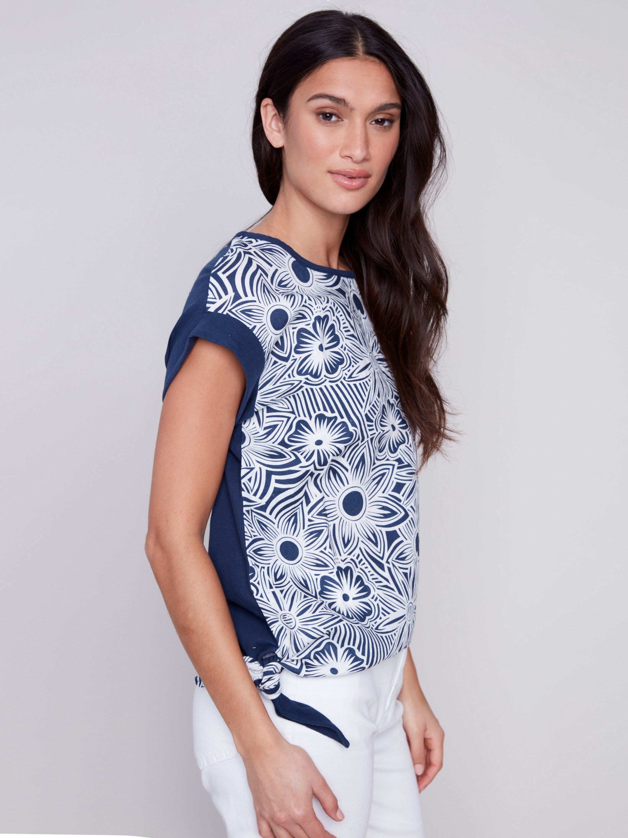 Printed Linen Top with Side Tie - Navy - Charlie B Collection Canada - Image 2